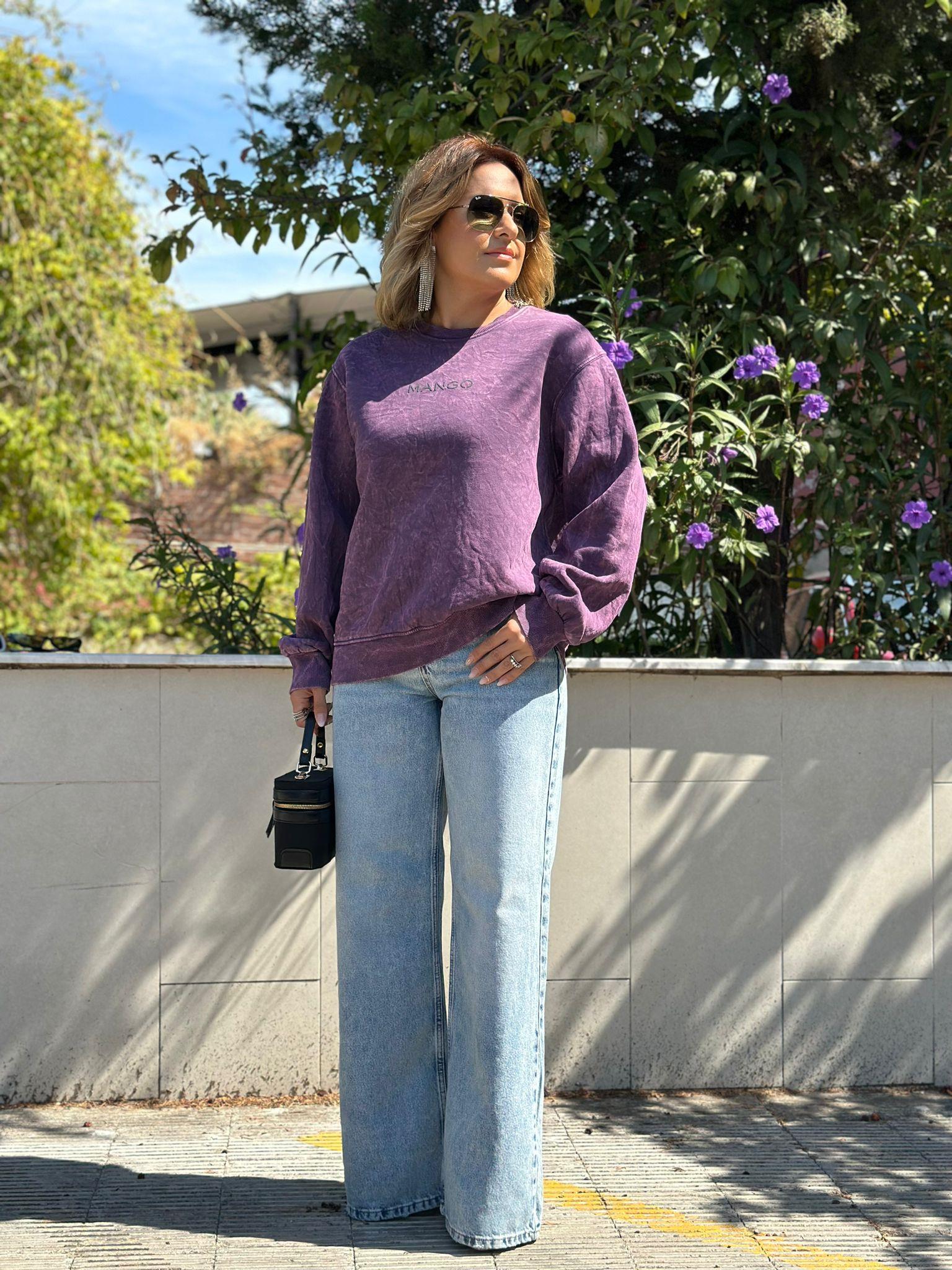 Yıkamalı Kumaş Mürdüm 3 İplik Sweatshirt