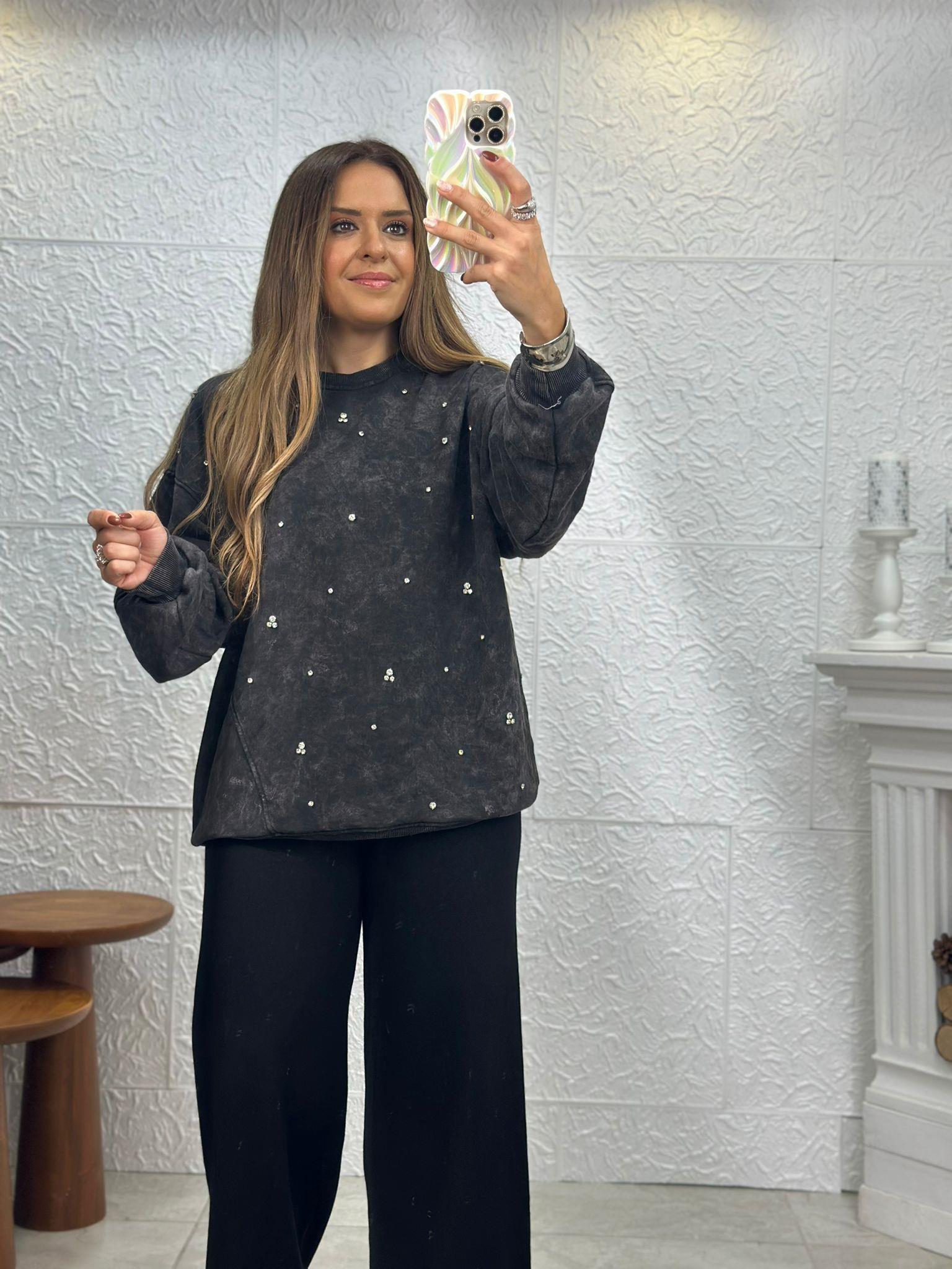 Yıkamalı Taşlı Antrasit Sweatshirt