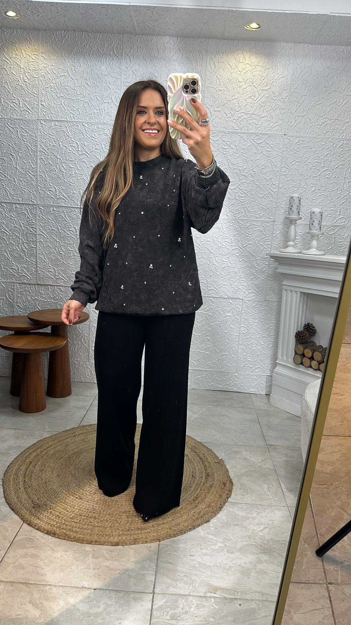 Yıkamalı Taşlı Antrasit Sweatshirt