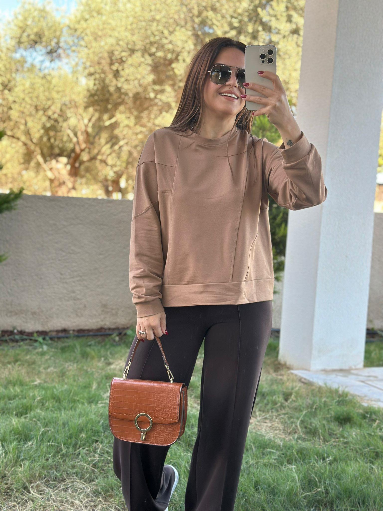Yuvarlak Yaka Kahve Sweatshirt