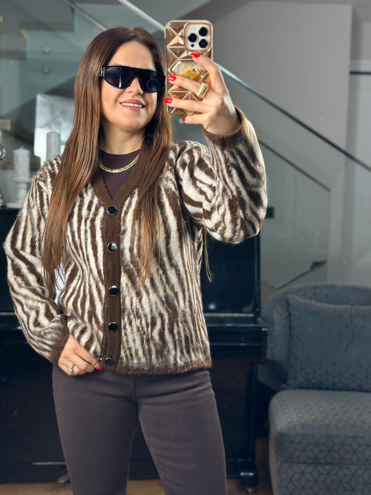 Zebra Desenli Kahve Krem Hırka