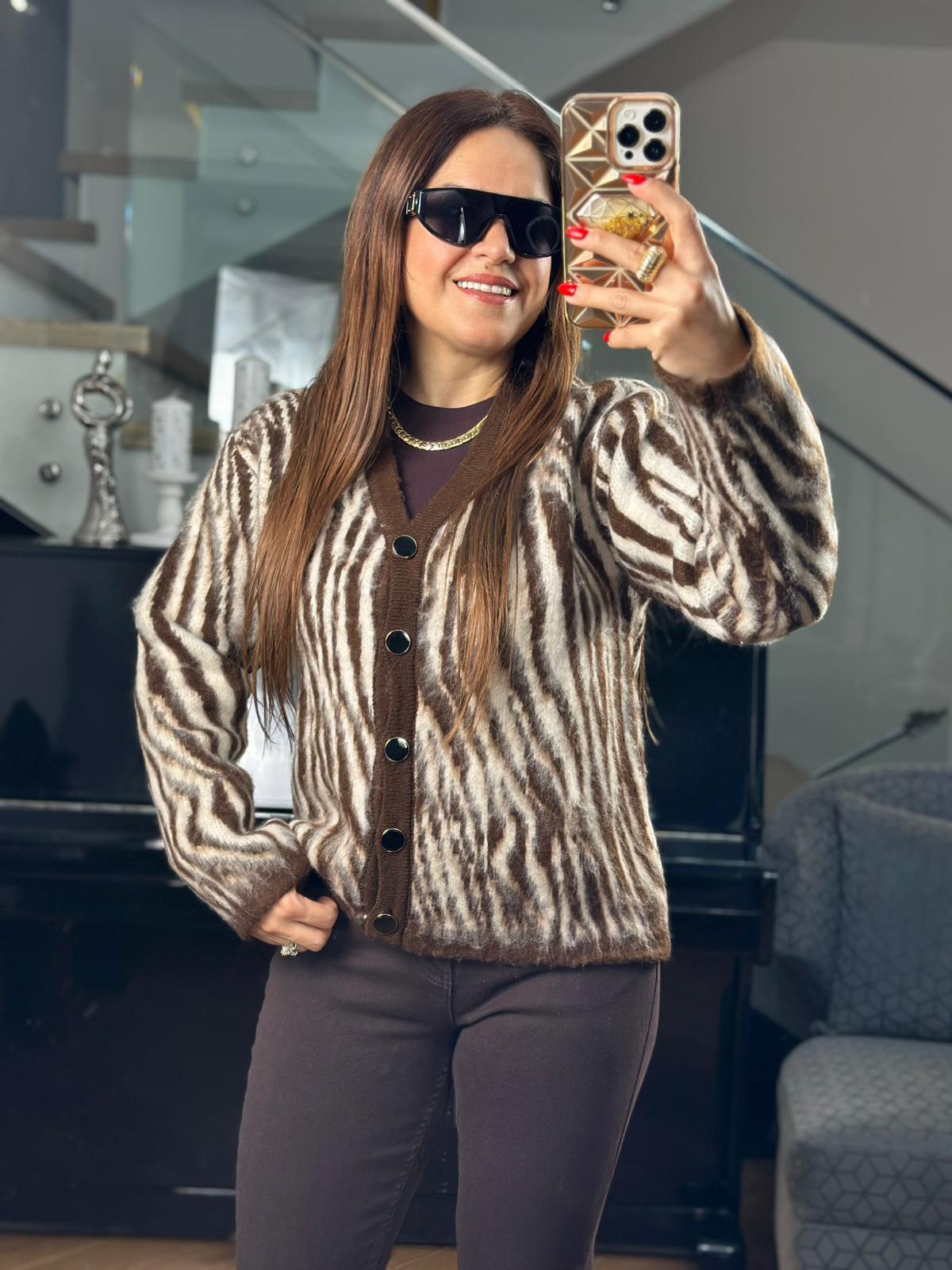 Zebra Desenli Kahve Krem Hırka