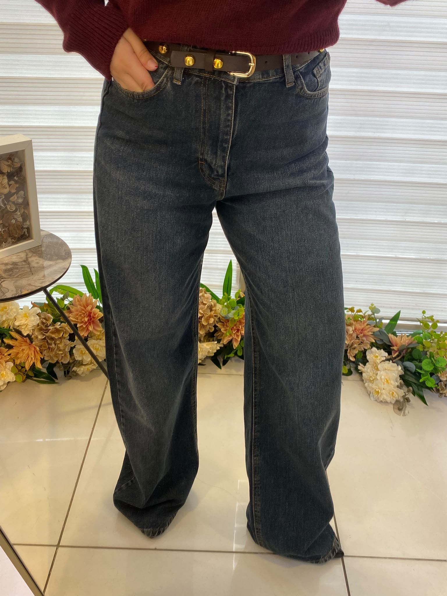 Zımba Kemerli Taşlı Denim Jean