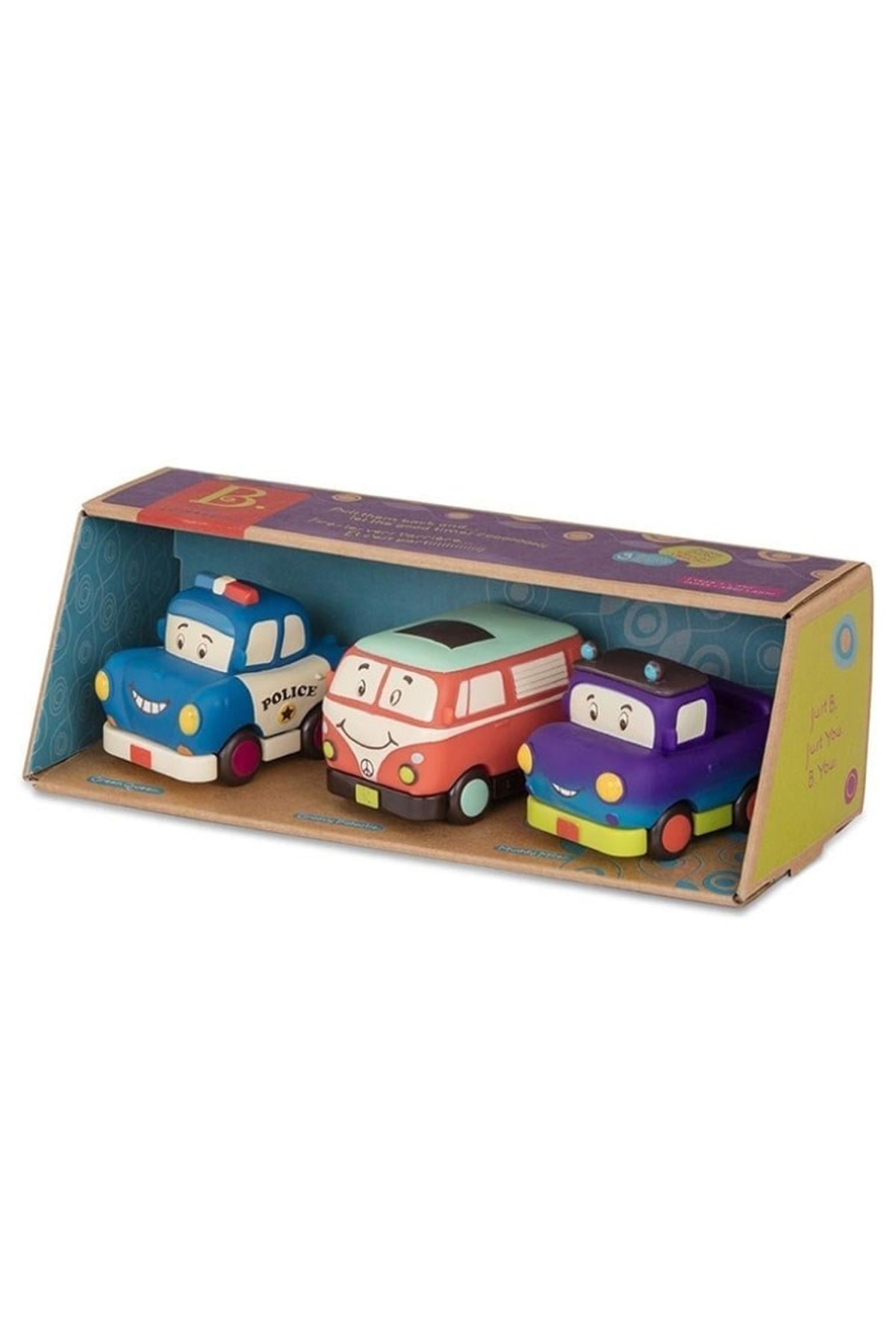 B.Toys 3'lü Mini Çek-Bırak Araba Seti - Polis/Retro Van/Jeep Çok Renkli