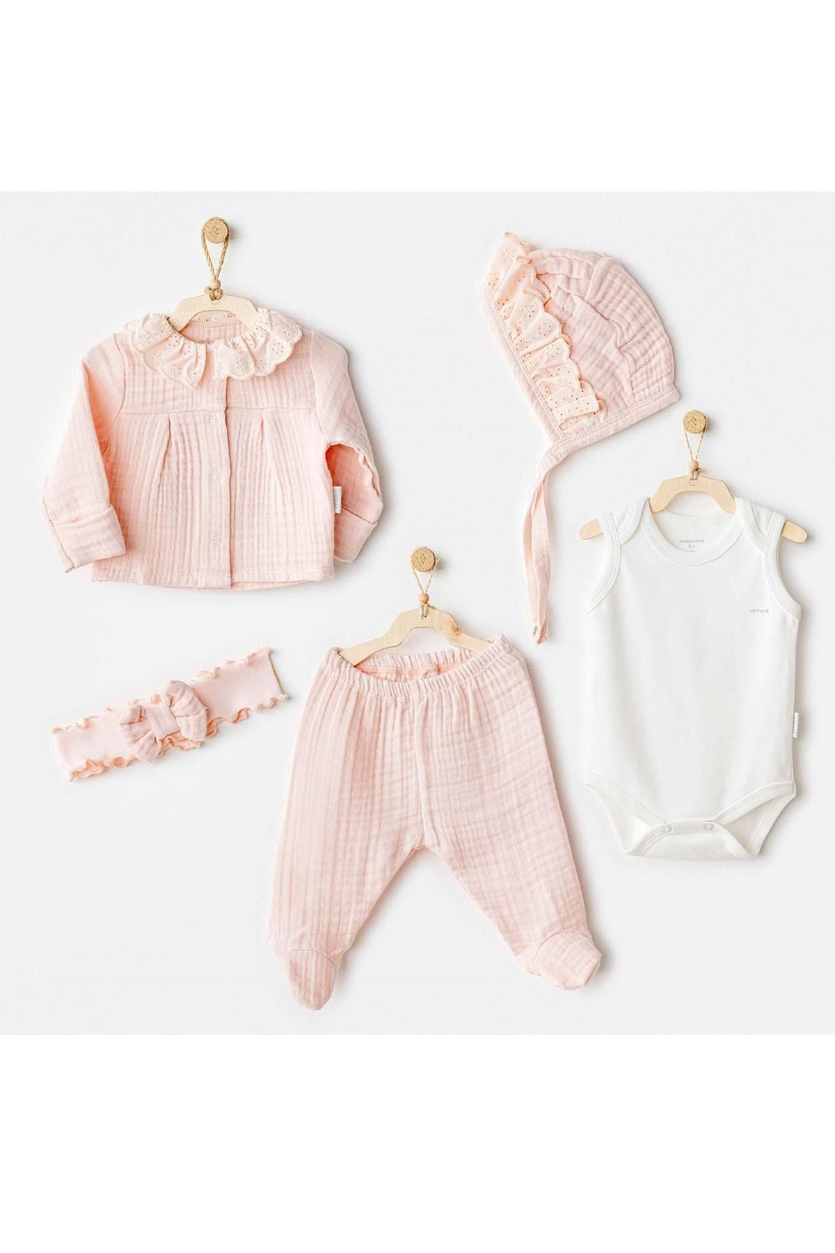 BEBEK HASTANE ÇIKIŞI 5 PCS NEWBORN SET NATURAL GIFT MUSLIN SALMON