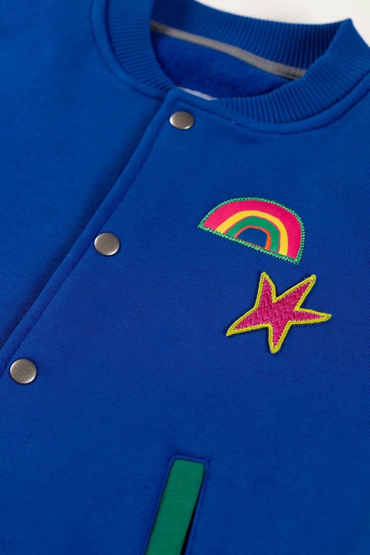 Beetlebeez / Çocuk Saks Mavi Bomber Ceket - Nakış ve Aplike Detaylı - Kontrast Renk Cep ve Manşetli MaviPembe