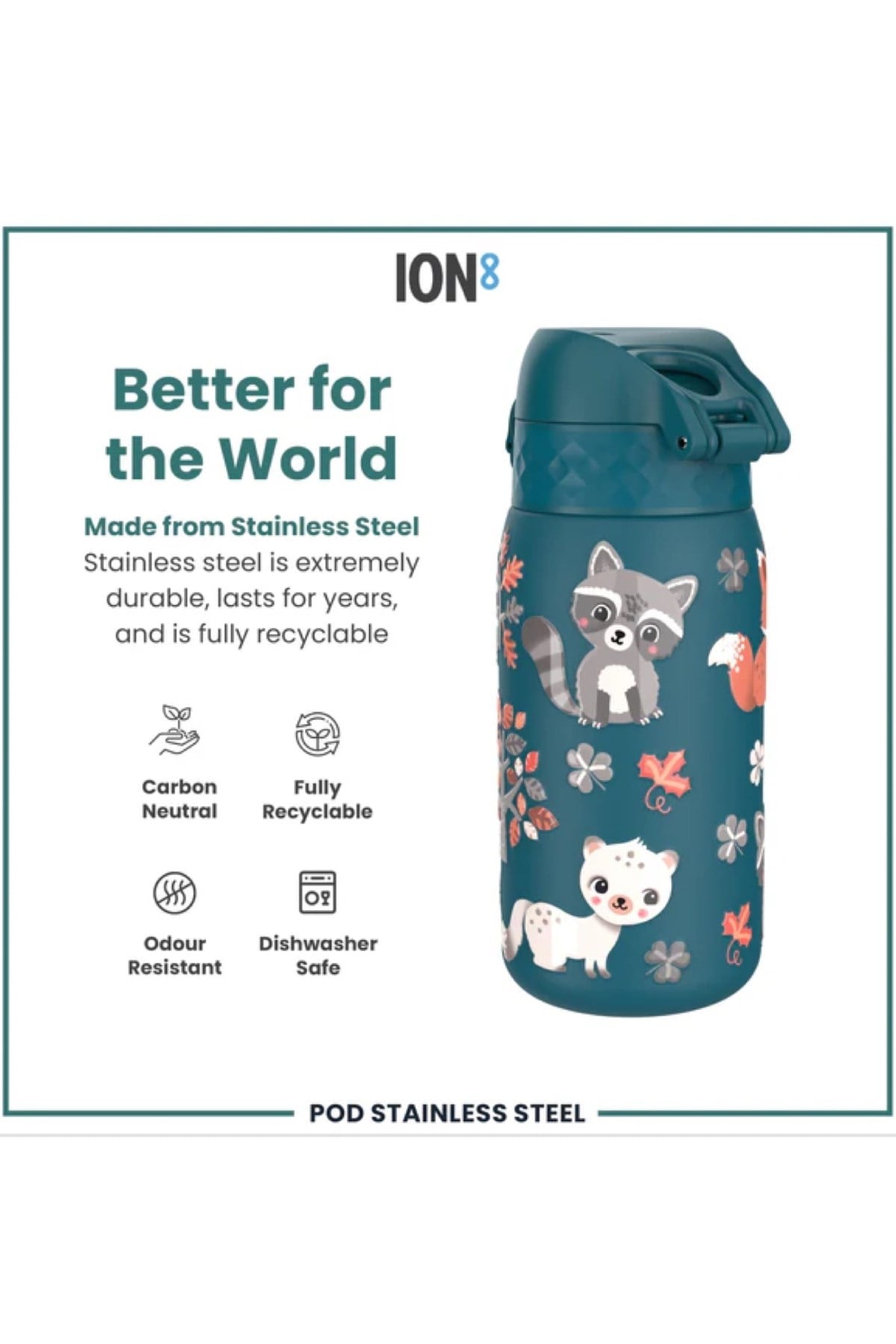 ION8 - Paslanmaz Çelik Çocuk Suluk - Orman Hayvanları - 400 ml - Sızdırmaz Çok Renkli