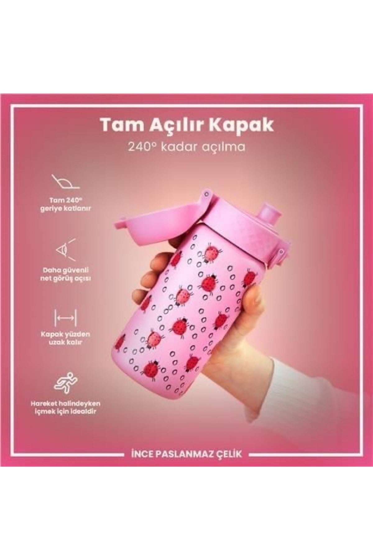 ION8 - Paslanmaz Çelik Çocuk Suluk - Uğur Böceği- 400 ml - Sızdırmaz Çok Renkli