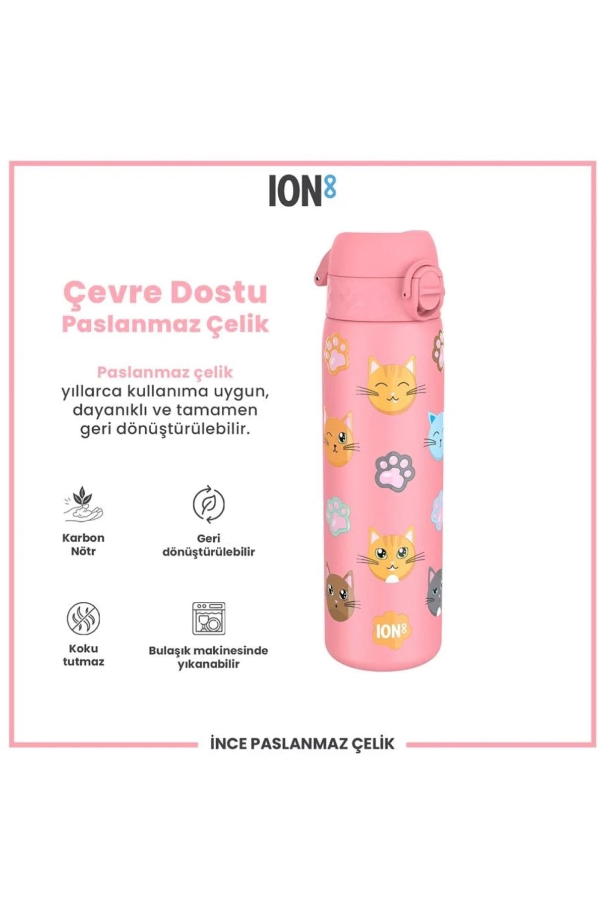 ION8 - Paslanmaz Çelik İnce Suluk - Kediler - 600 ml - Sızdırmaz Çok Renkli