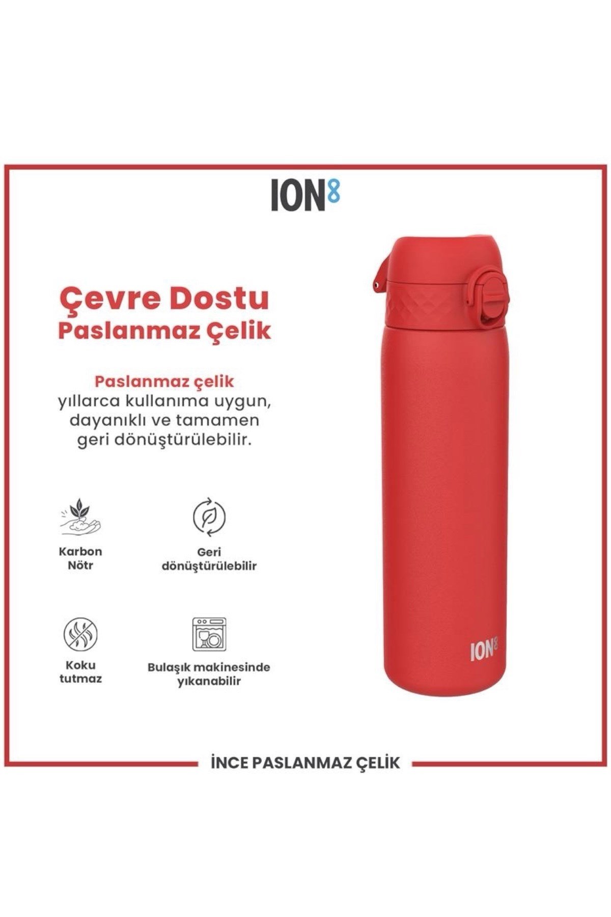ION8 - Paslanmaz Çelik İnce Suluk - Kırmızı - 600 ml - Sızdırmaz Çok Renkli