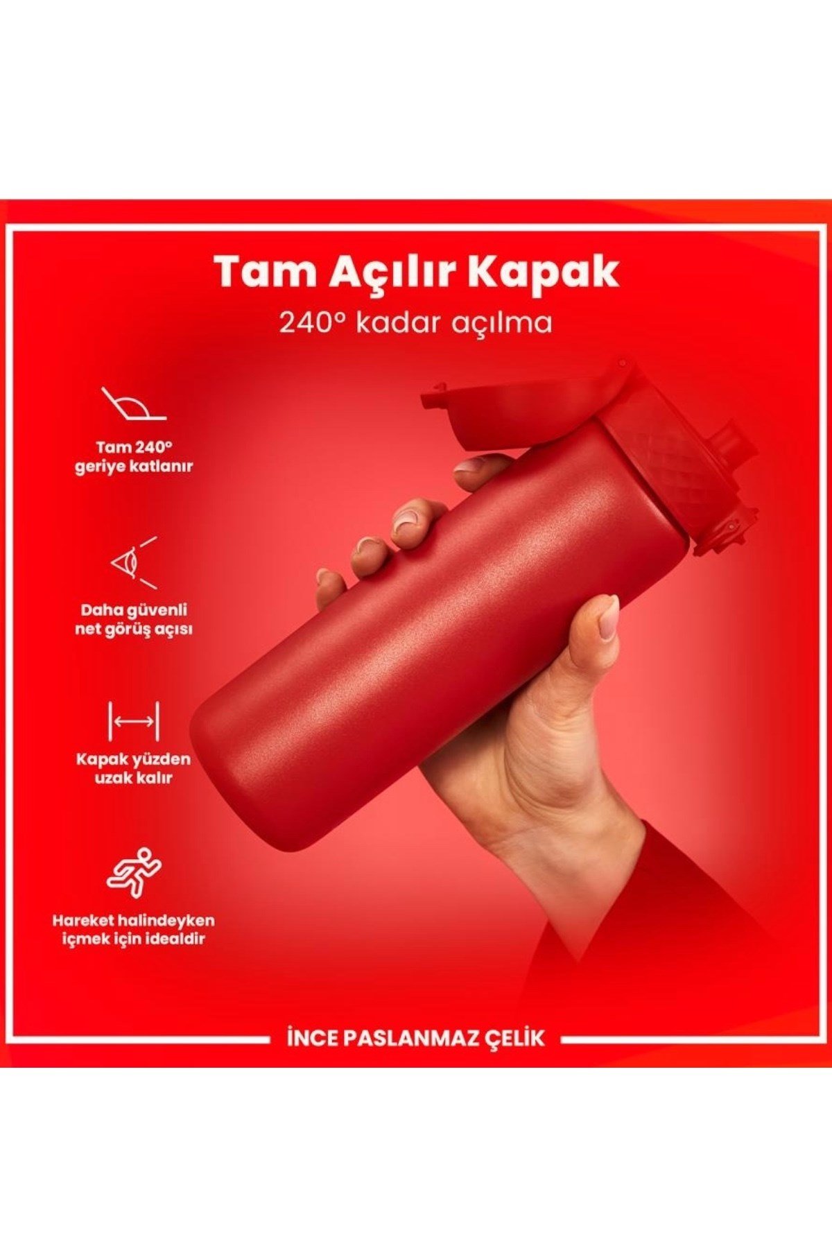 ION8 - Paslanmaz Çelik İnce Suluk - Kırmızı - 600 ml - Sızdırmaz Çok Renkli