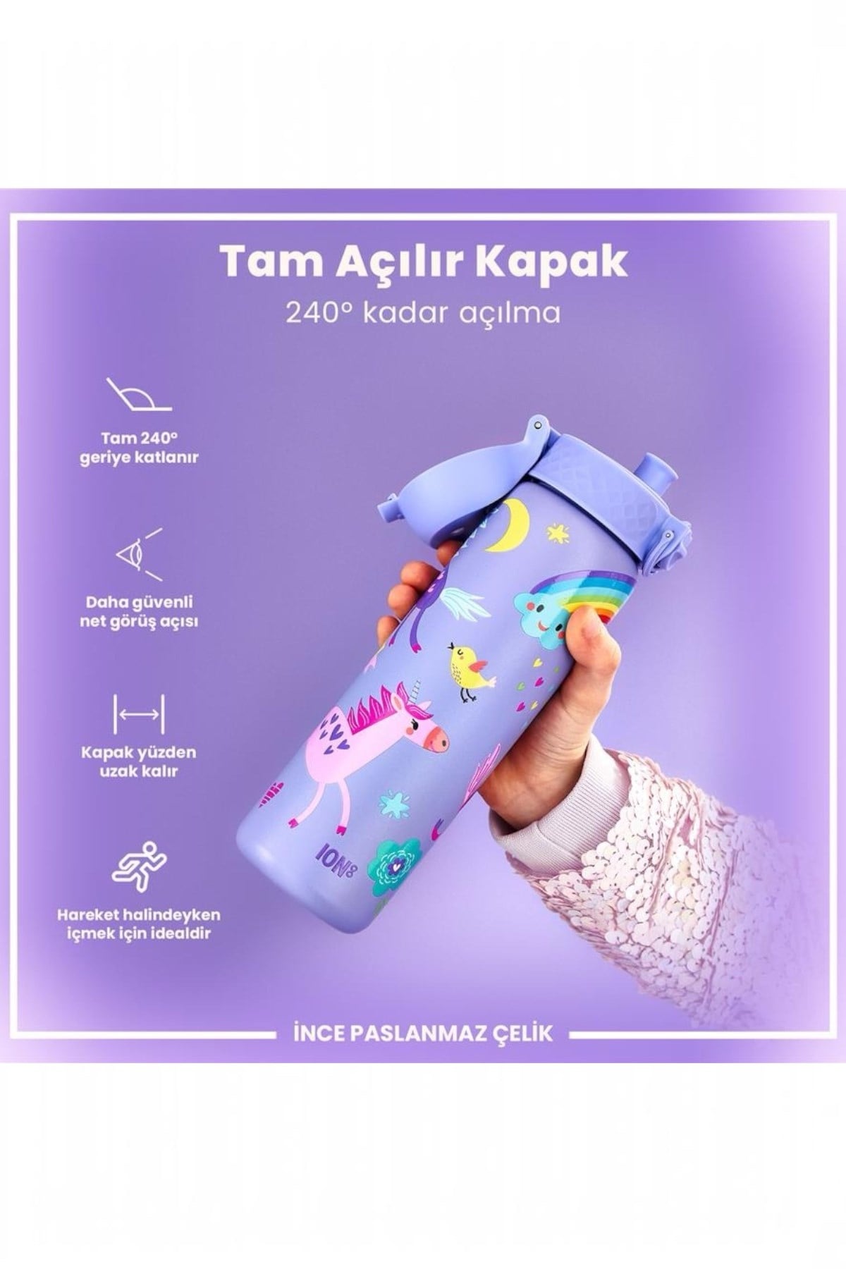 ION8 - Paslanmaz Çelik İnce Suluk - Mor Unicorn - 600 ml - Sızdırmaz Çok Renkli