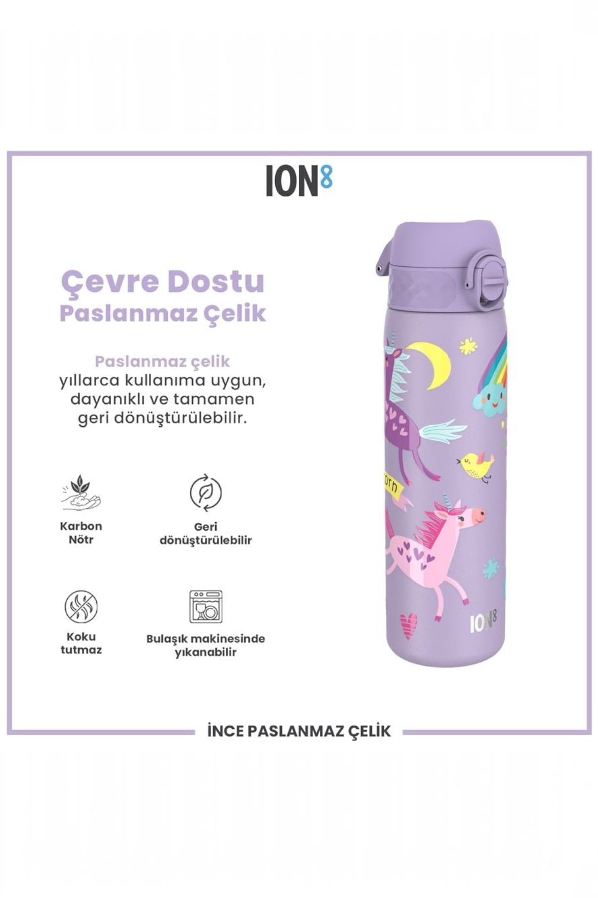 ION8 - Paslanmaz Çelik İnce Suluk - Mor Unicorn - 600 ml - Sızdırmaz Çok Renkli