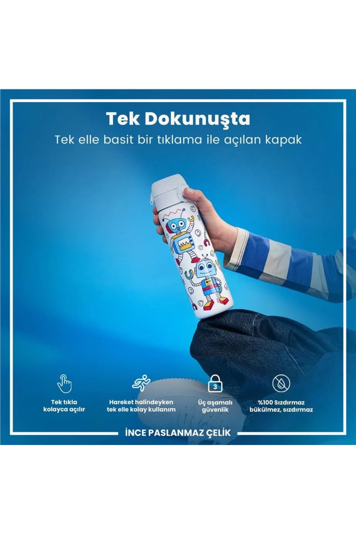 ION8 - Paslanmaz Çelik İnce Suluk - Robotlar - 600 ml - Sızdırmaz Çok Renkli