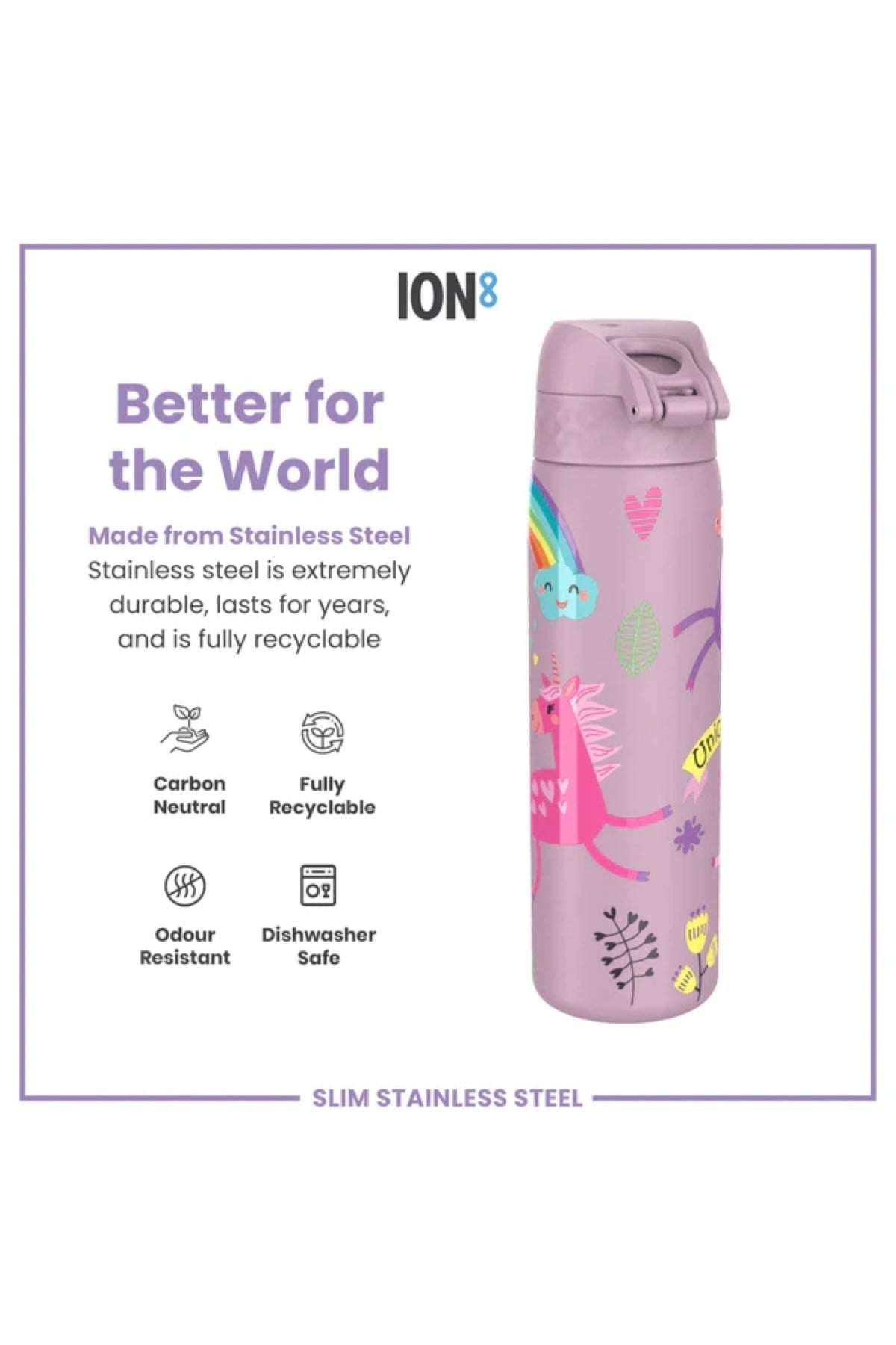 ION8 - Paslanmaz Çelik İnce Suluk - Unicorn - 600 ml - Sızdırmaz Çok Renkli