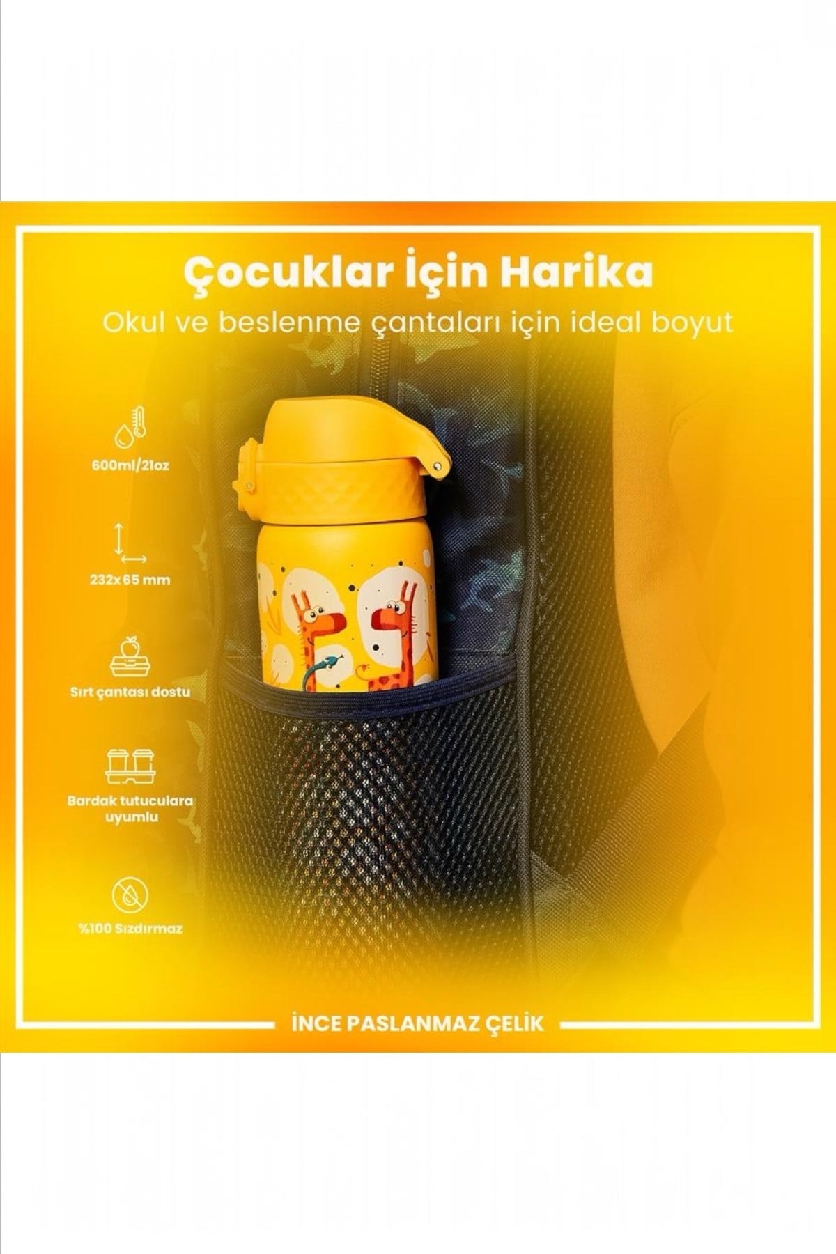 ION8 - Paslanmaz Çelik İnce Suluk - Zürafalar - 600 ml - Sızdırmaz Çok Renkli