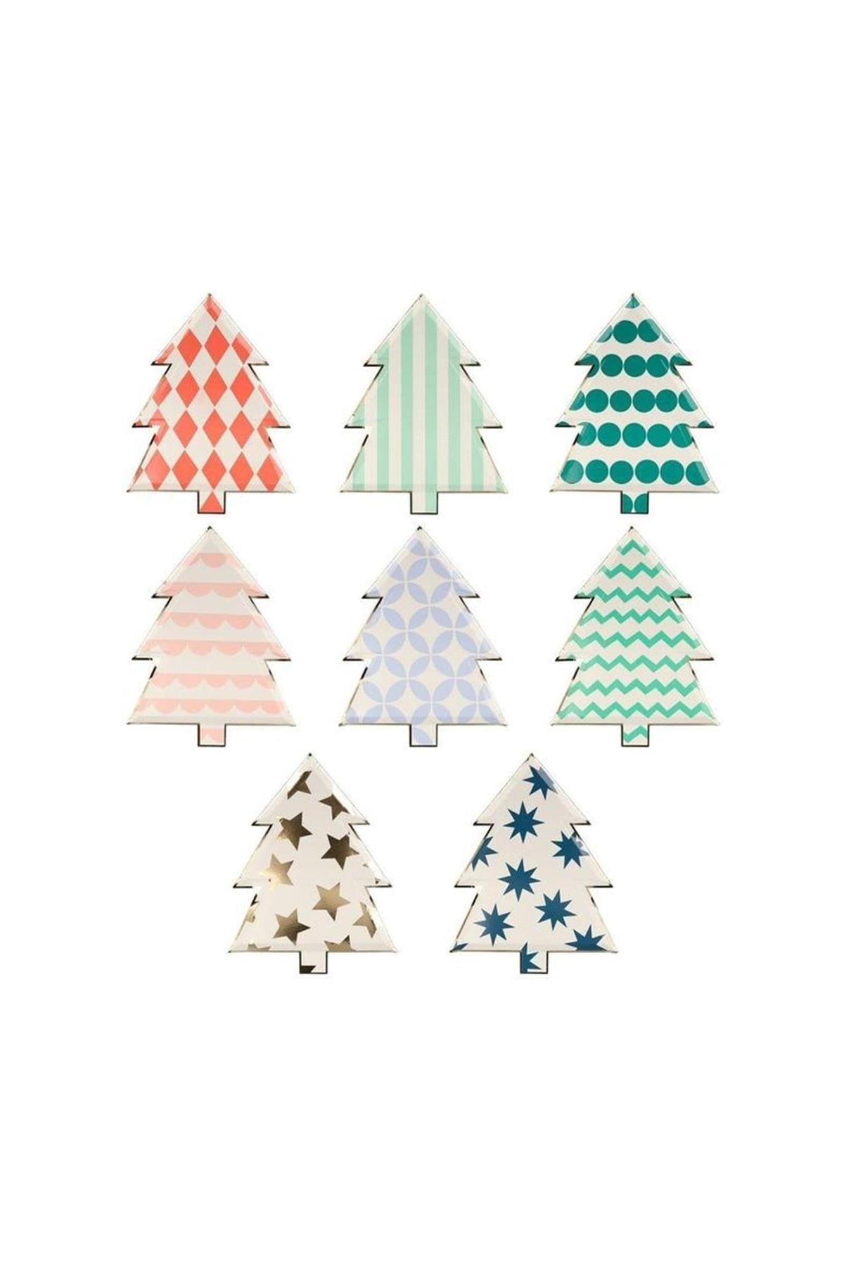 Meri Meri - Patterned Christmas Tree Plates - Yeni Yıl Ağacı Şekilli Tabaklar - 8'li Çok Renkli