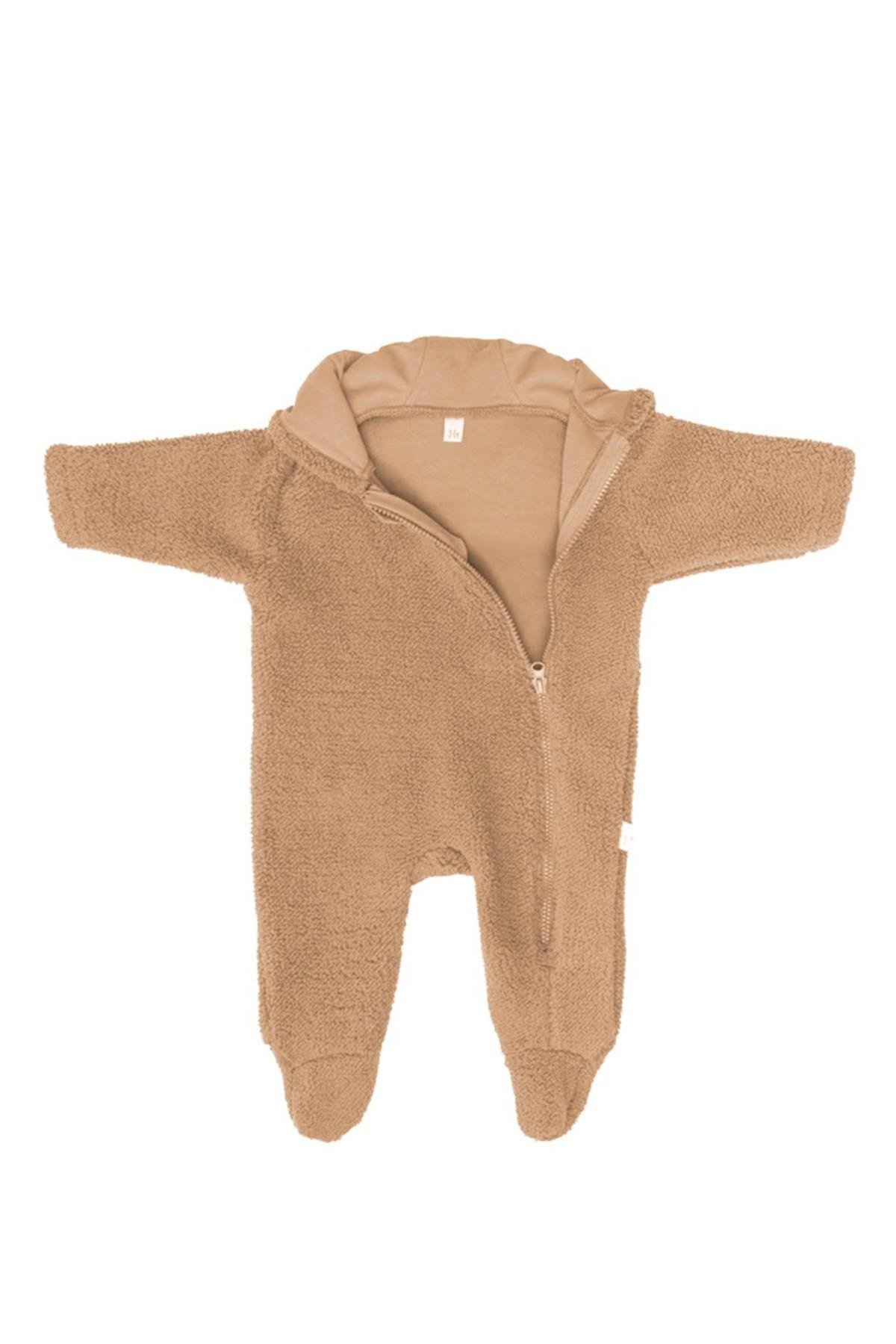 Miela Kids / Ayı Kulaklı Kapüşonlu Peluş Tulum Karamel