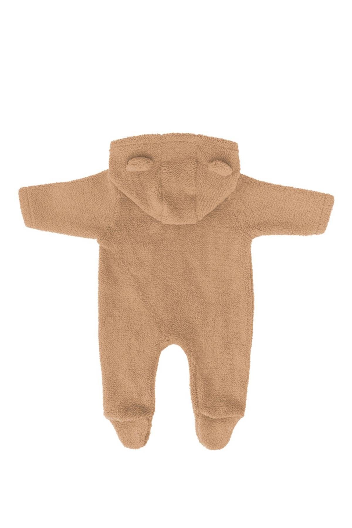 Miela Kids / Ayı Kulaklı Kapüşonlu Peluş Tulum Karamel