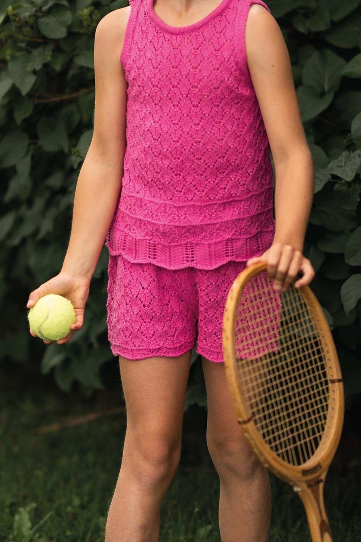 Pembe Jakarlı Triko Şortlu Set Pembe