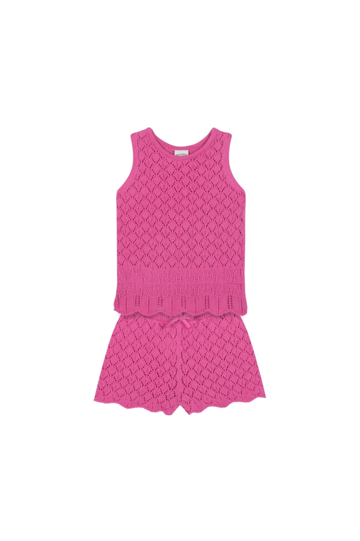 Pembe Jakarlı Triko Şortlu Set Pembe