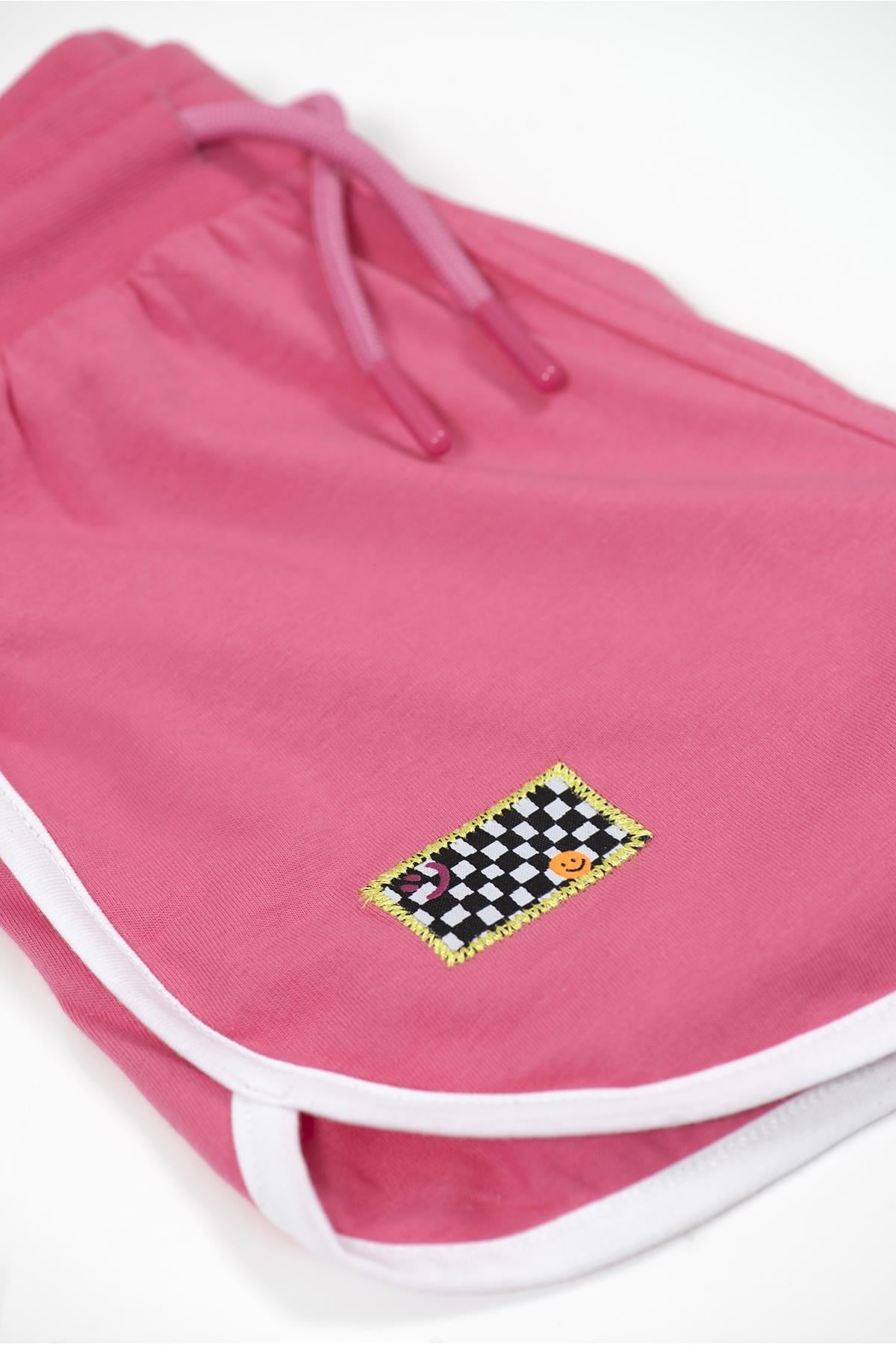 Retro White Striped Short - Retro Model Beyaz Biyeli Çocuk Kısa Şort - (Pembe Kordonlu) Pembe