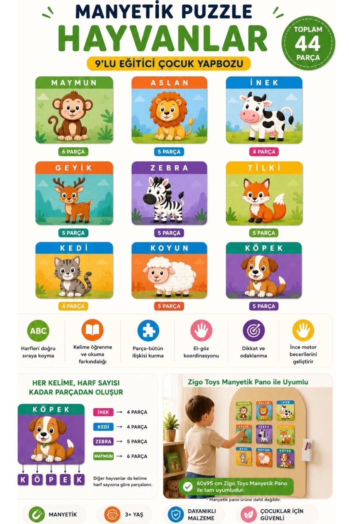 Zigo Toys / Manyetik Puzzle Seti - Hayvanlar Çok Renkli