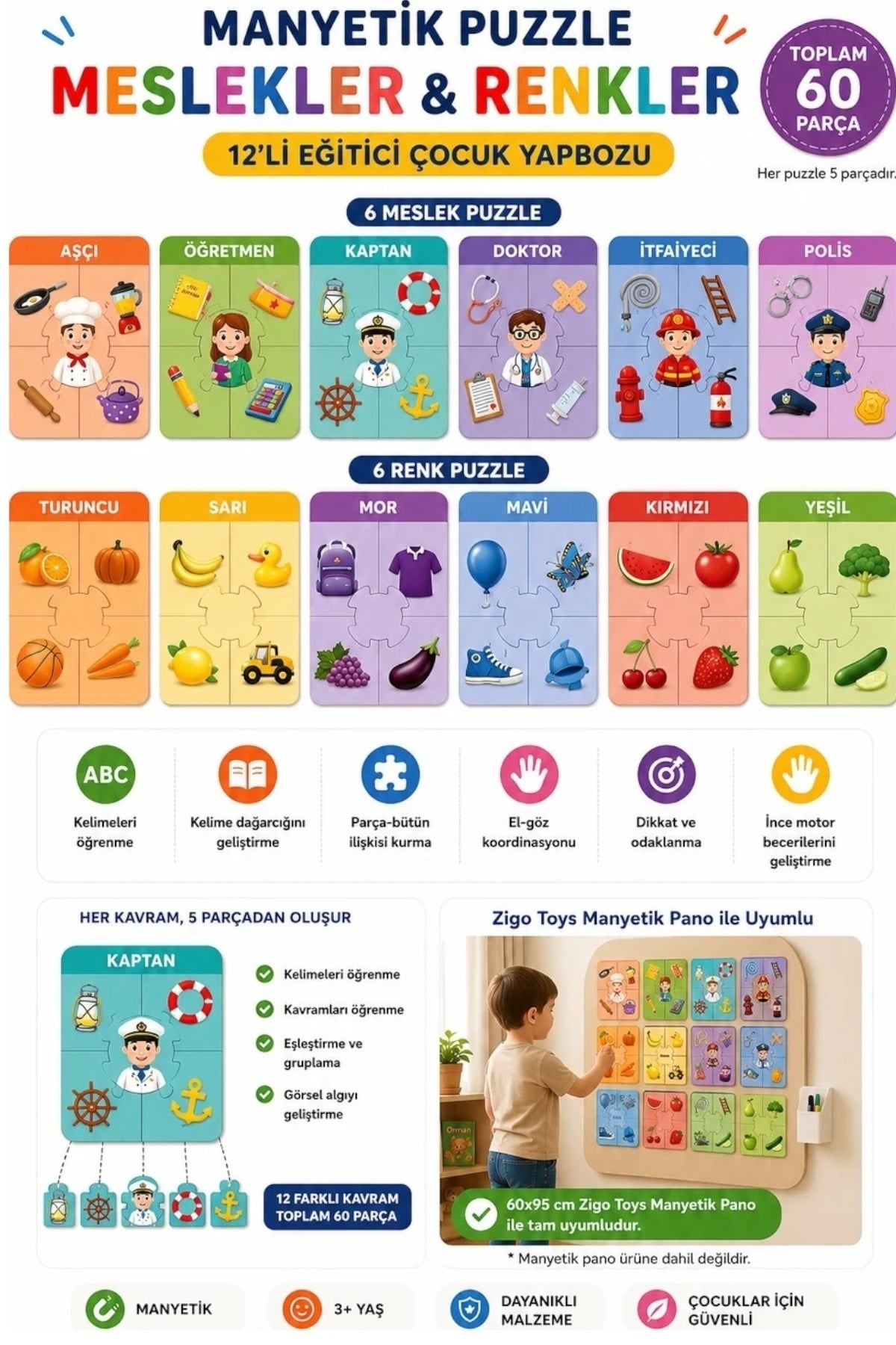 Zigo Toys / Manyetik Puzzle Seti - Renkler ve Meslekler Çok Renkli