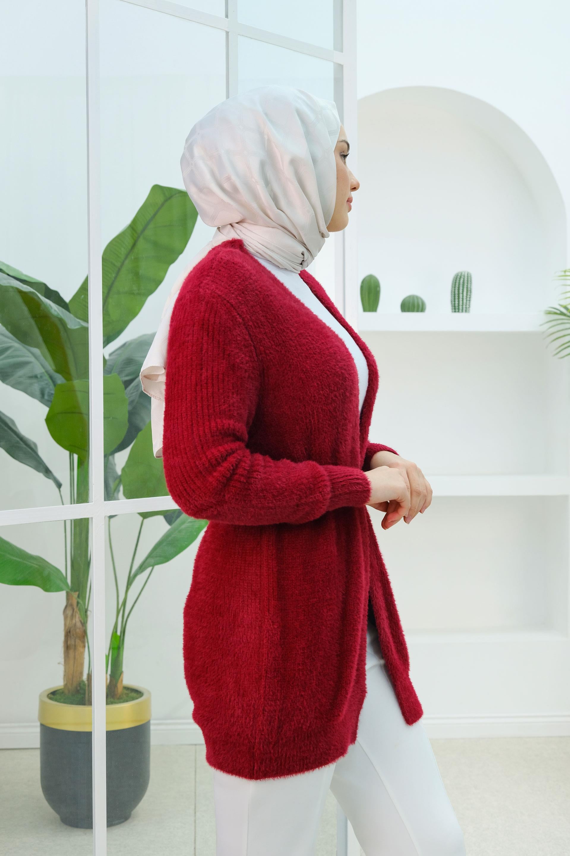 Angora Selanik Örgülü Hırka Bordo