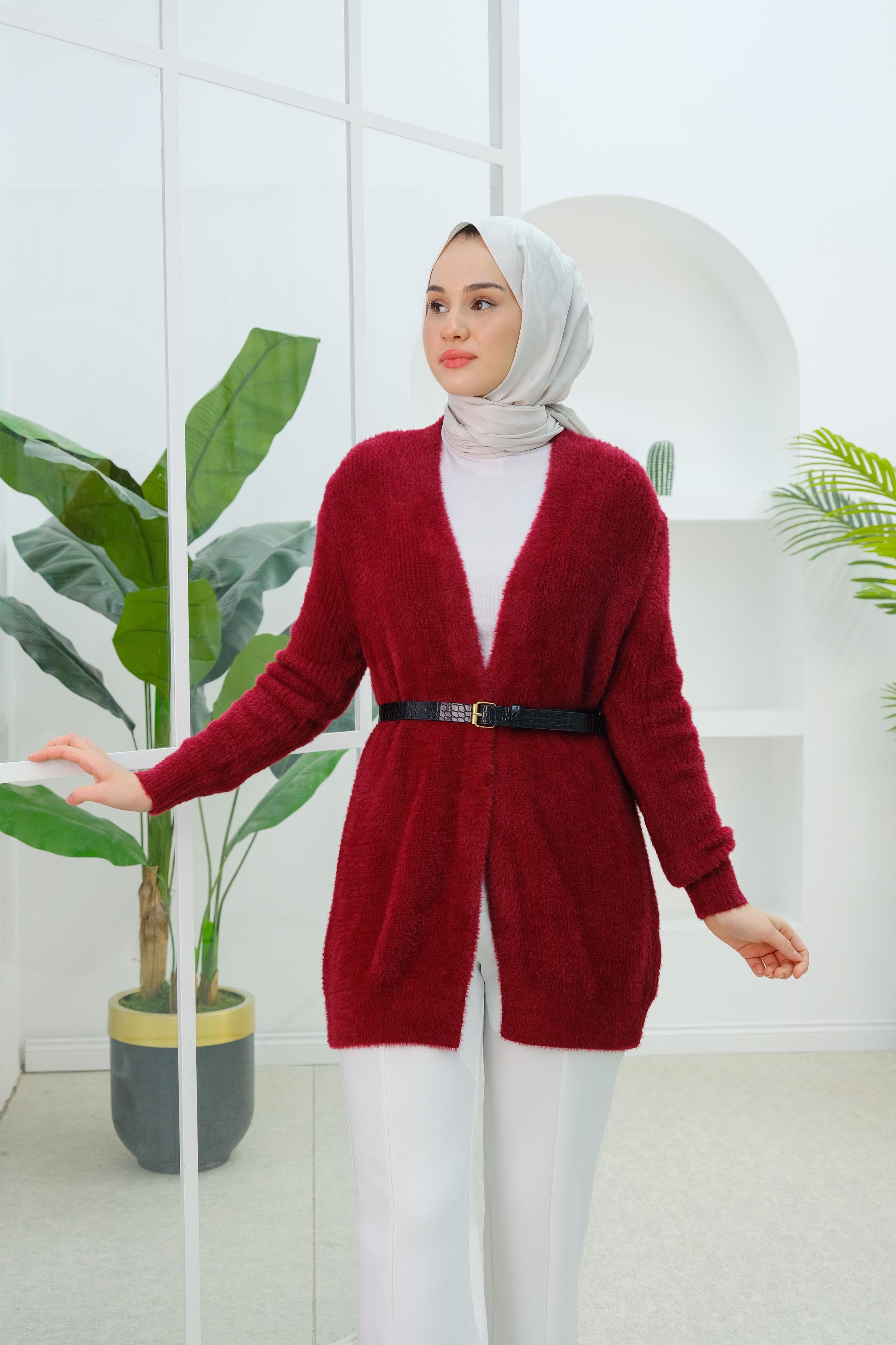 Angora Selanik Örgülü Hırka Bordo