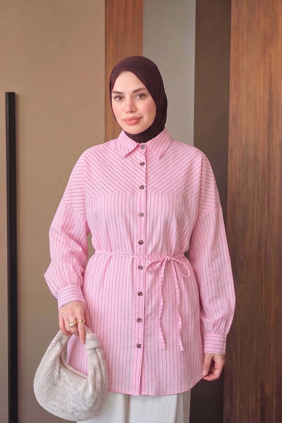 Asimetrik Çizgili Gömlek Pembe