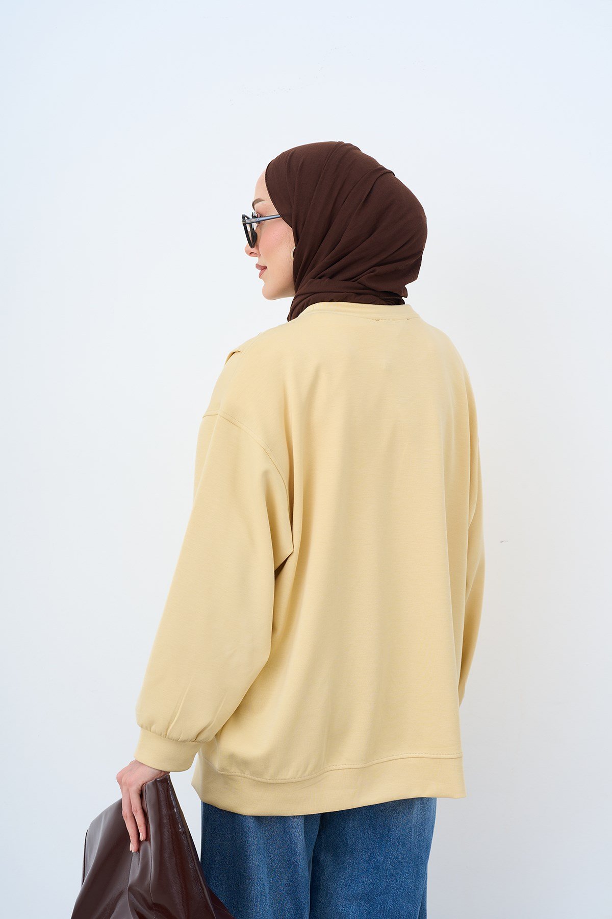 Asimetrik Fermuarlı Oversize Sweatshirt Sarı