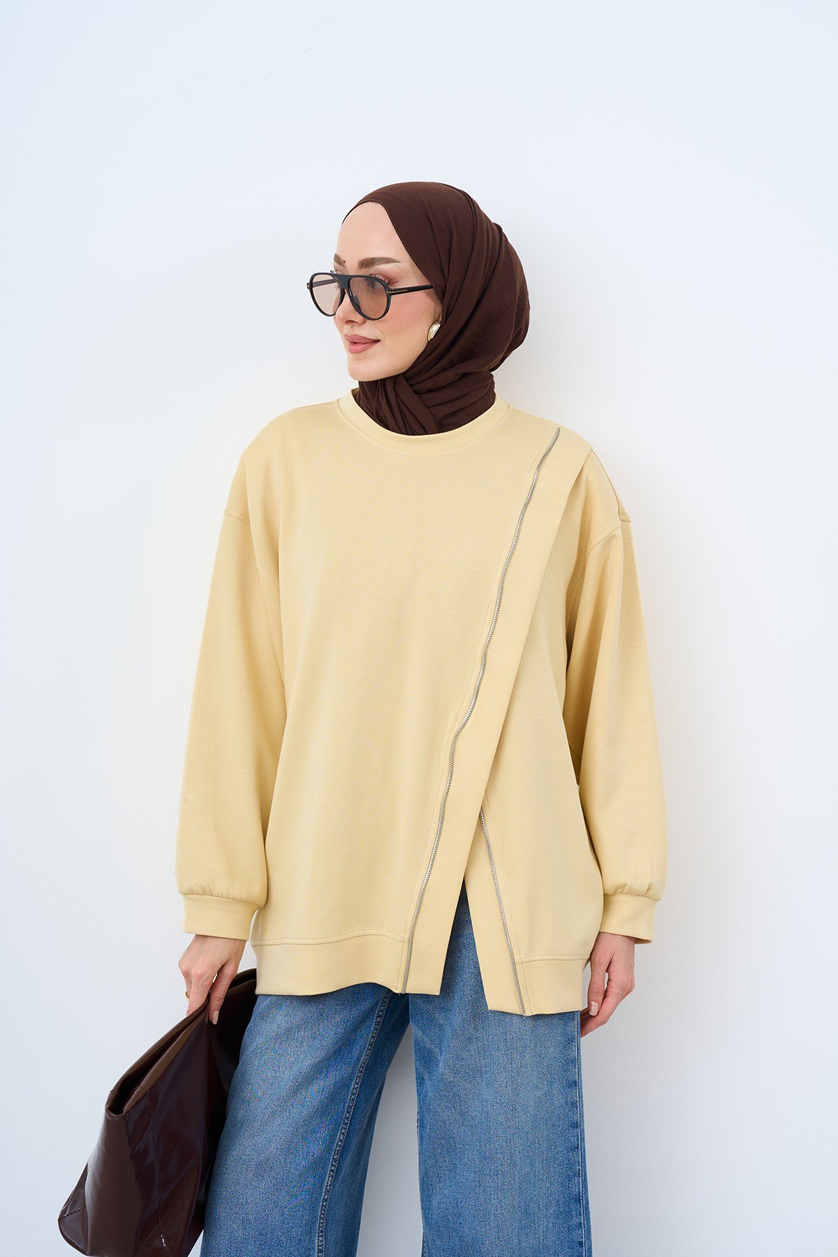 Asimetrik Fermuarlı Oversize Sweatshirt Sarı