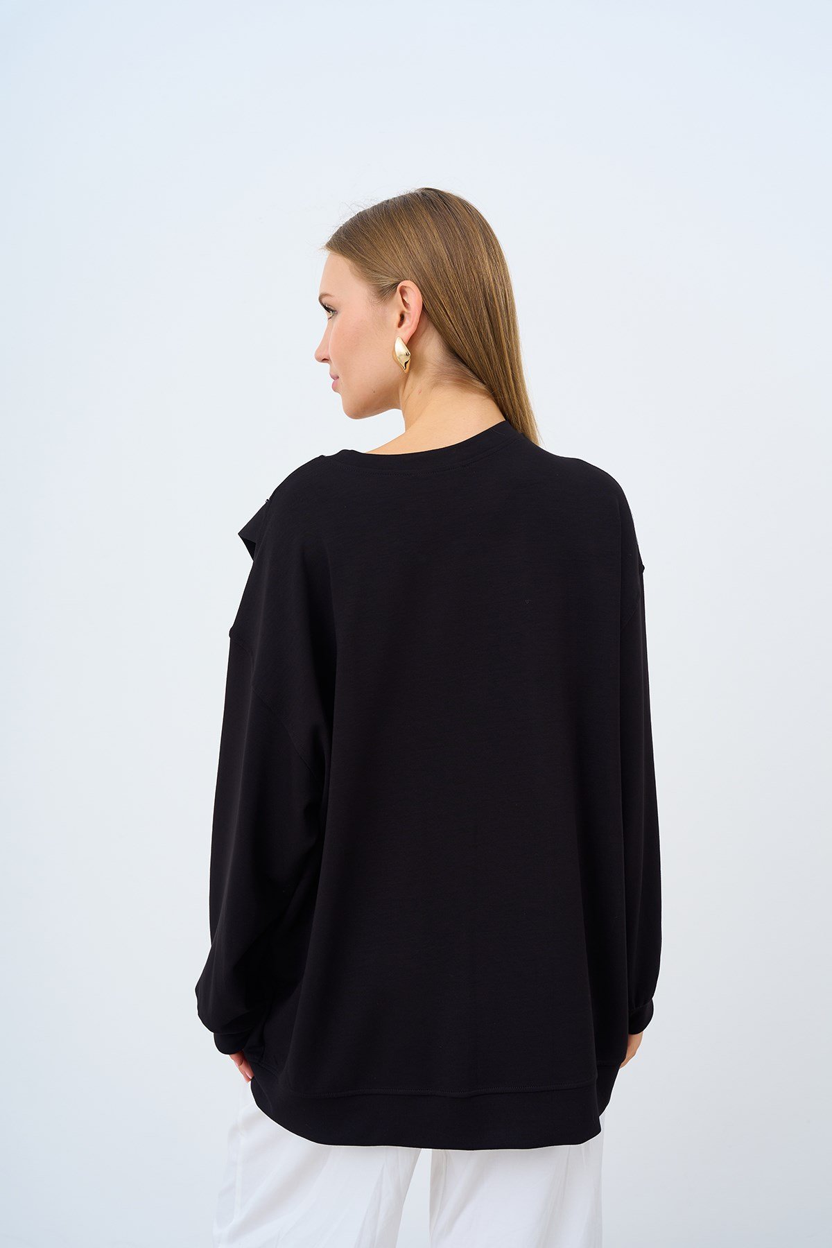 Asimetrik Fermuarlı Oversize Sweatshirt Siyah
