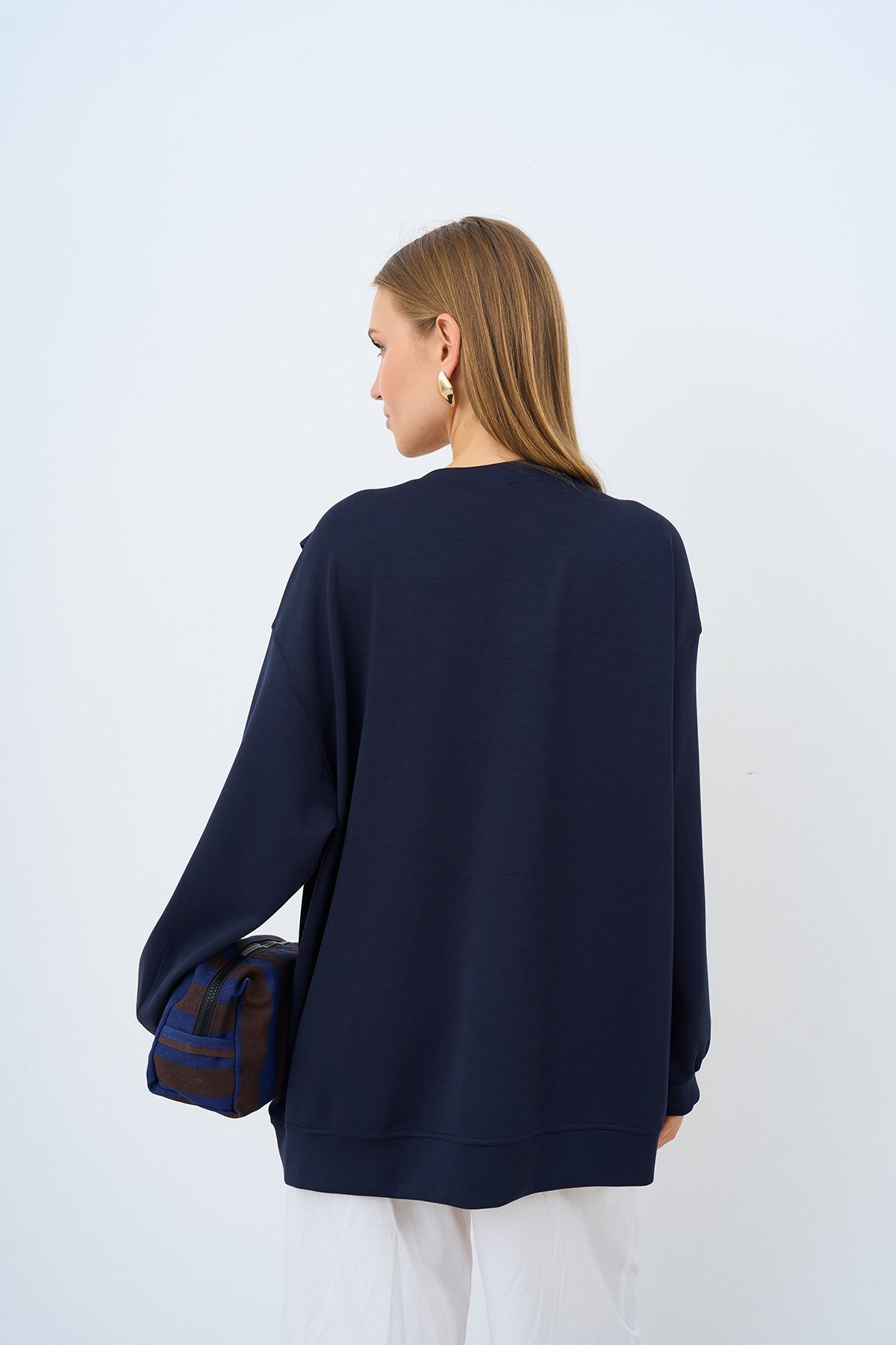 Asimetrik Fermuarlı Oversize Sweatshirt Lacivert