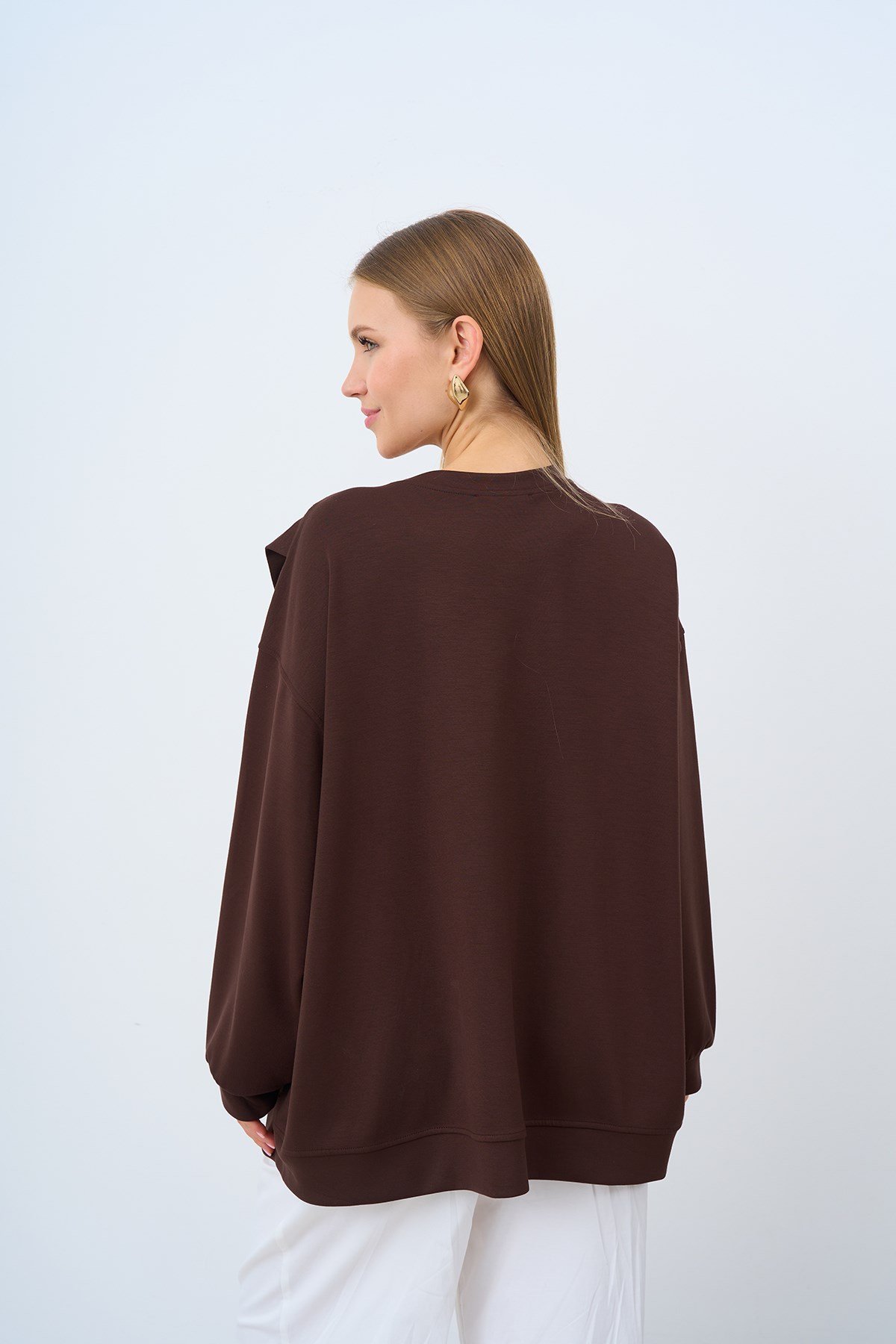 Asimetrik Fermuarlı Oversize Sweatshirt Kahverengi