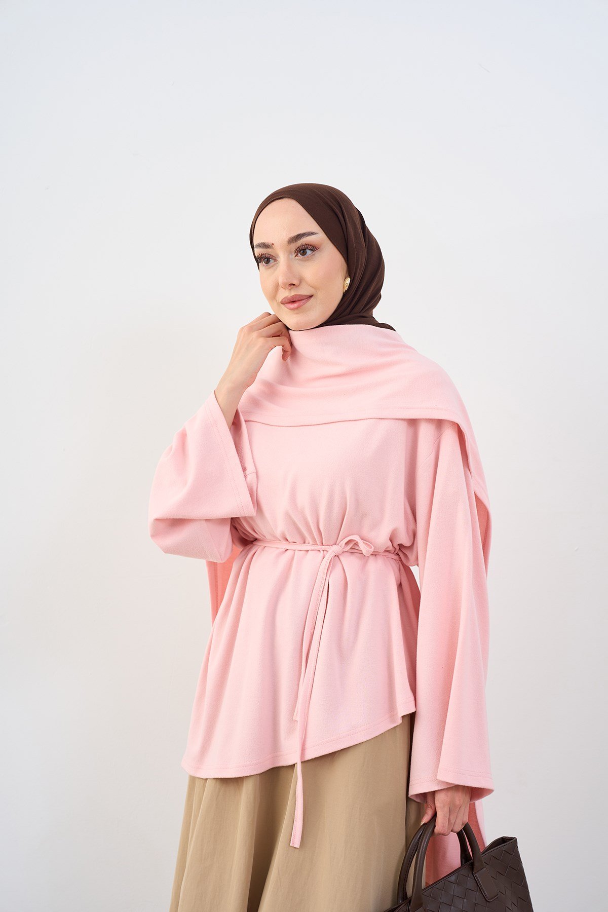 Asimetrik Kesim Şal Detay Bel Bağlamalı Tunik Pembe