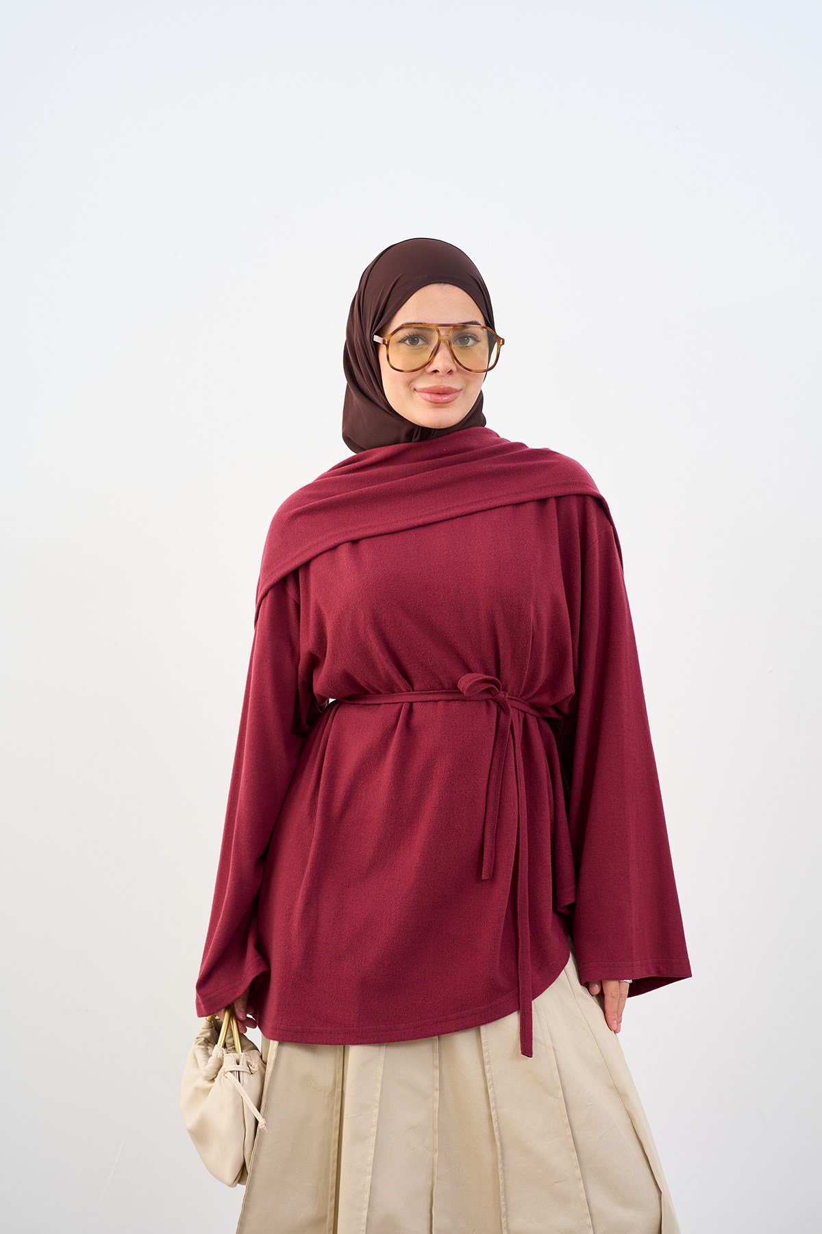 Asimetrik Kesim Şal Detay Bel Bağlamalı Tunik Bordo