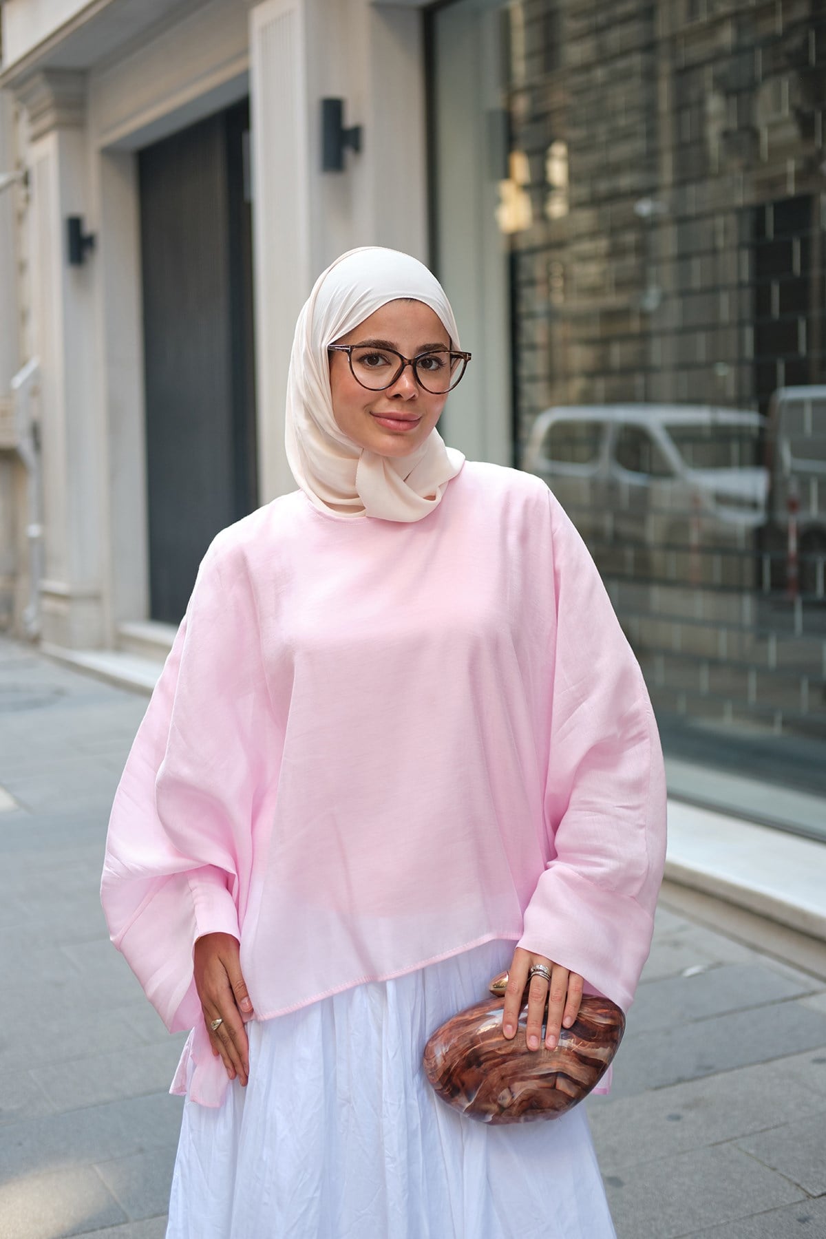 Asimetrik Kesim Yarım Kollu Bluz Pembe