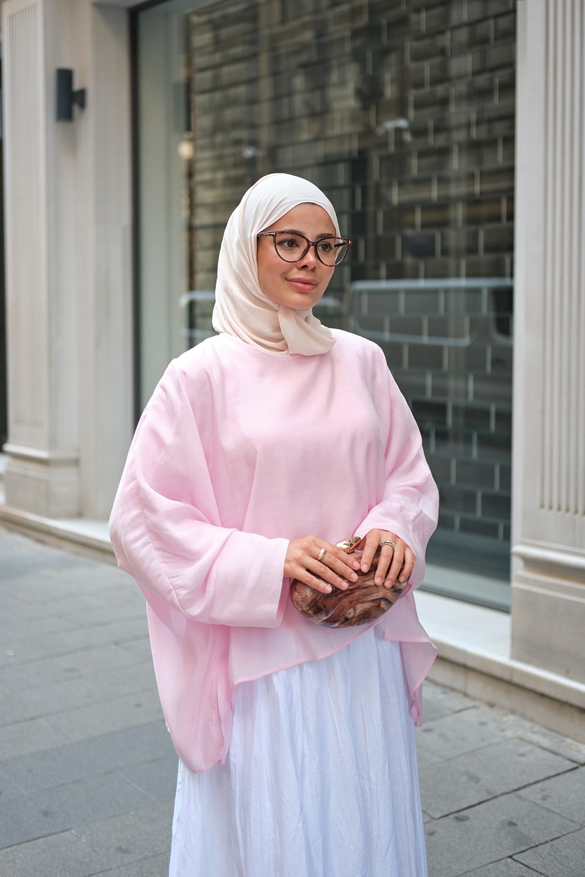 Asimetrik Kesim Yarım Kollu Bluz Pembe