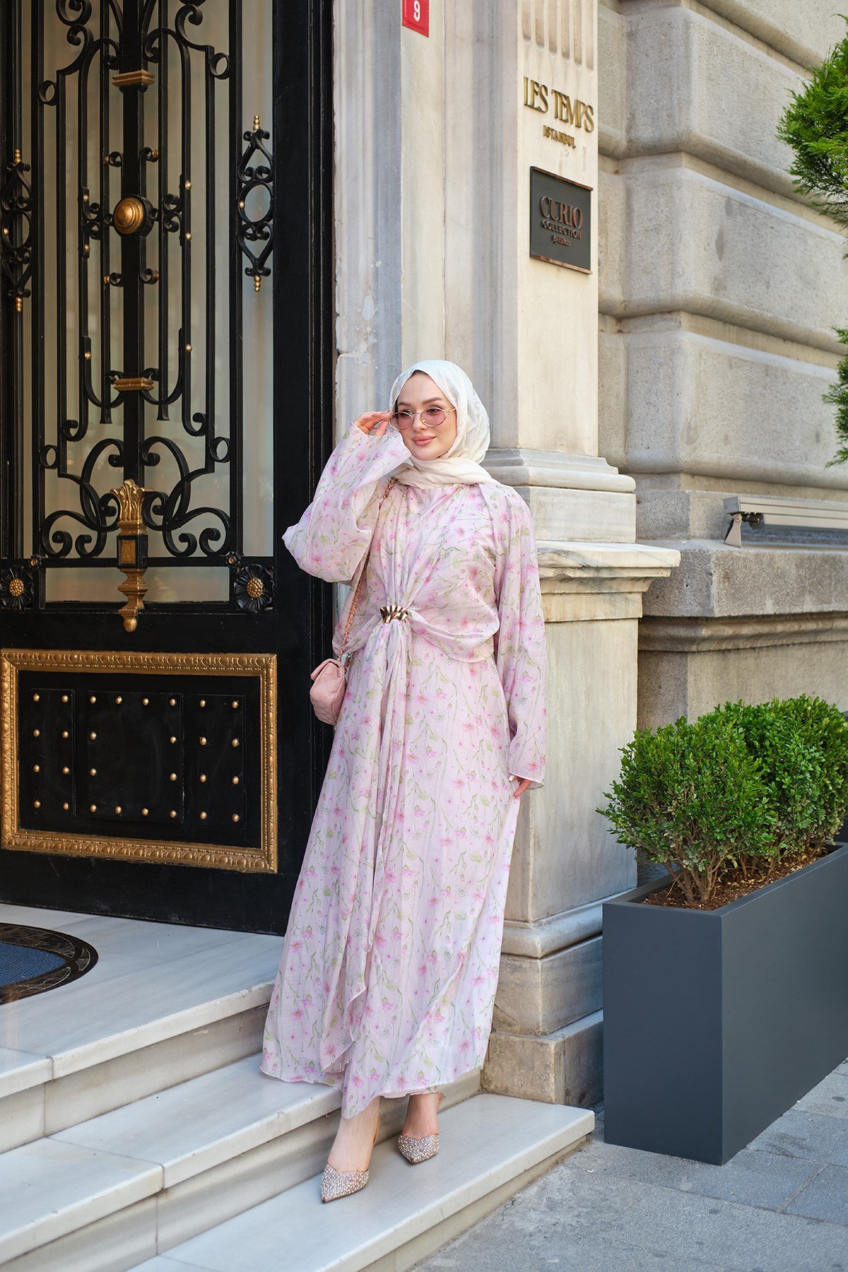 Ay Çiçeği Gold Süs Detay Elbise Pembe