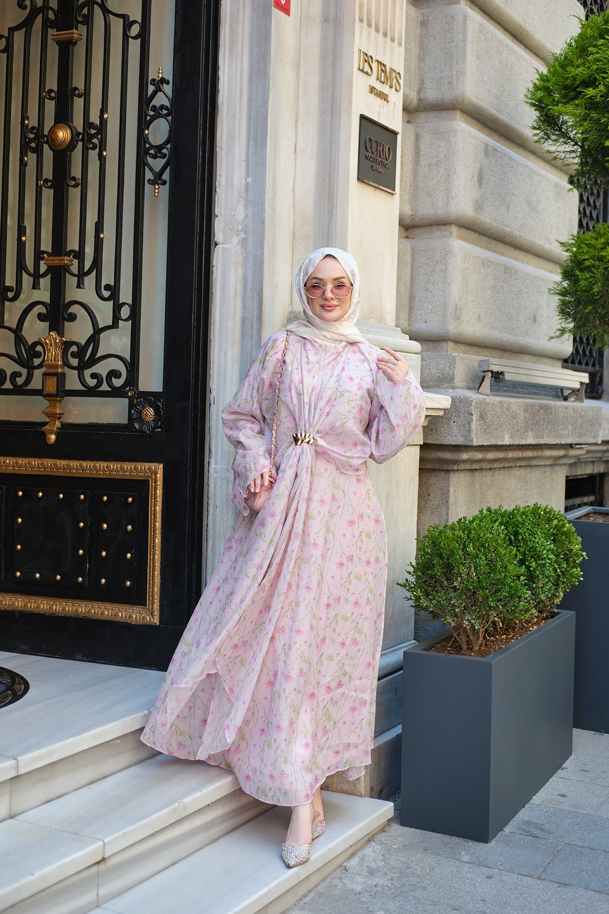 Ay Çiçeği Gold Süs Detay Elbise Pembe