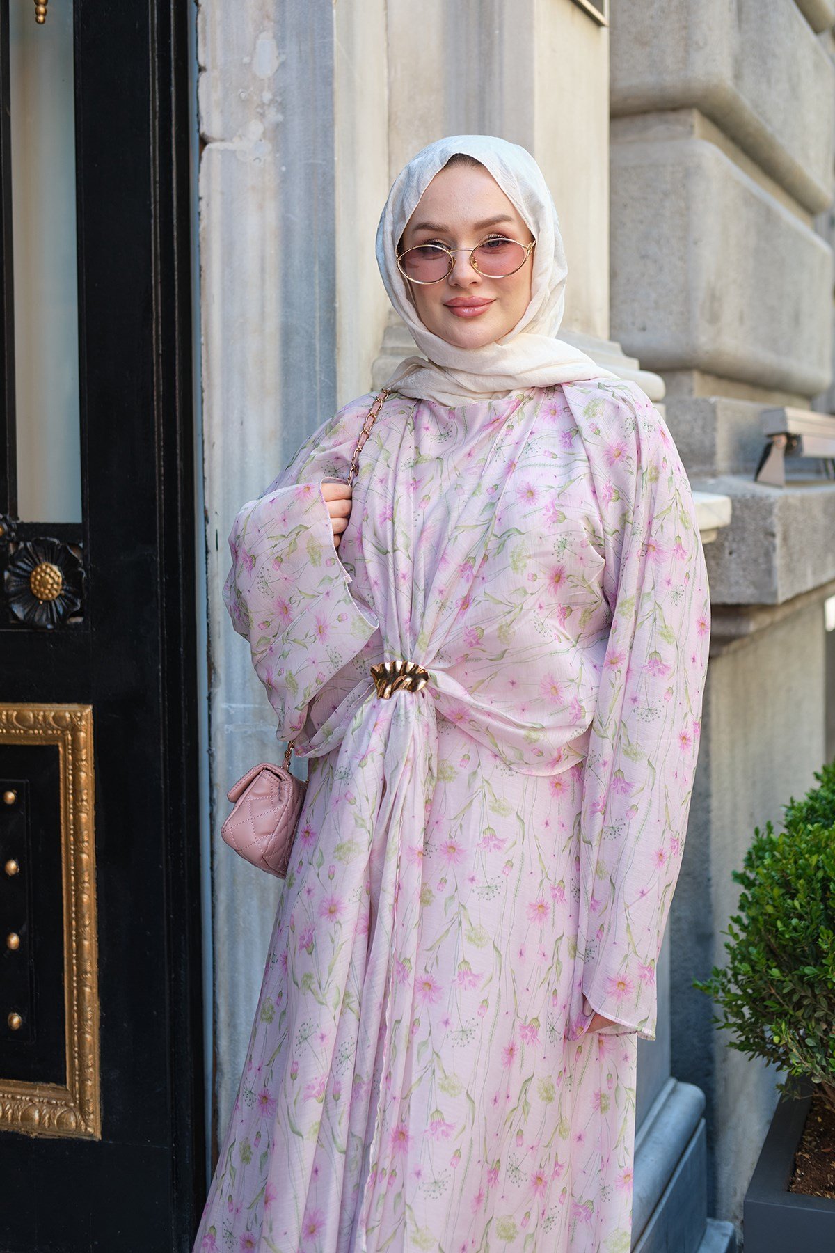 Ay Çiçeği Gold Süs Detay Elbise Pembe