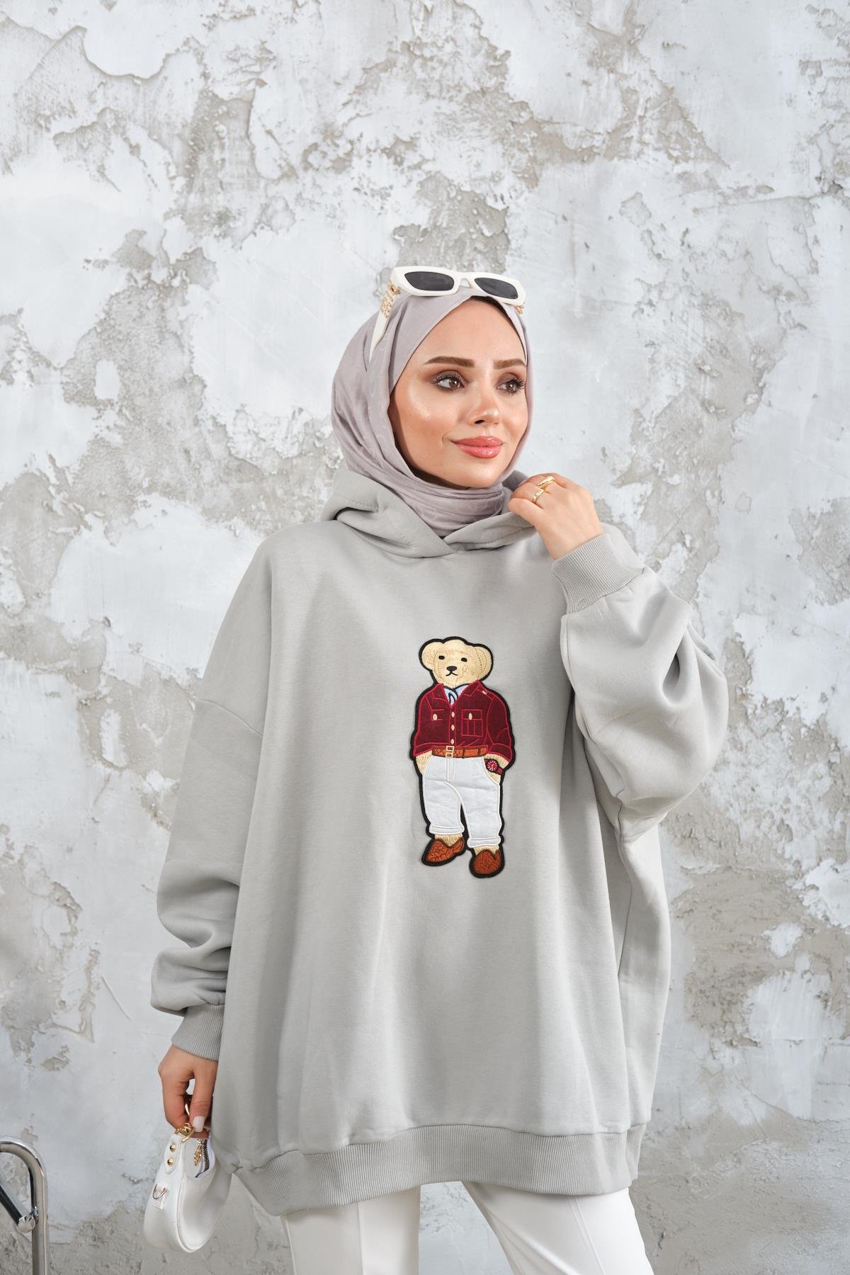 Ayıcık Nakışlı Sweat Su Yeşil