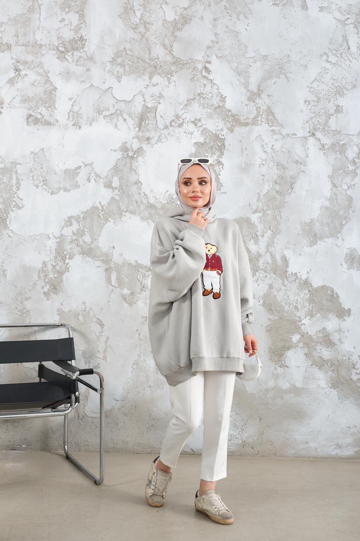 Ayıcık Nakışlı Sweat Su Yeşil