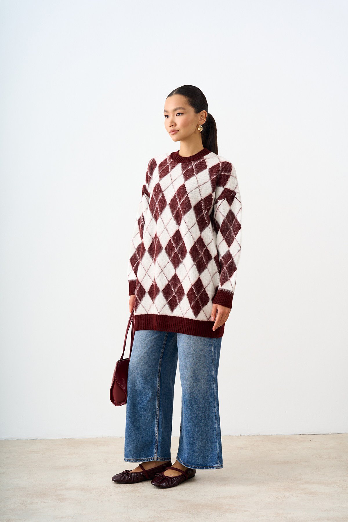 Baklava Desen Oversize Triko Tunik Bordo