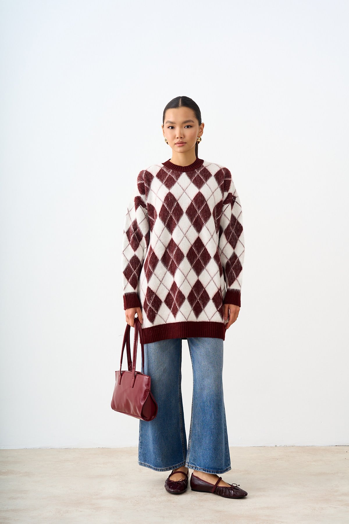 Baklava Desen Oversize Triko Tunik Bordo