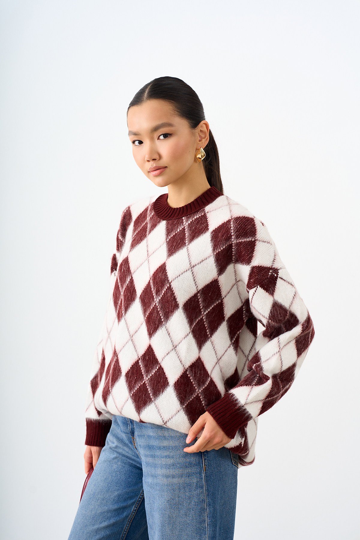 Baklava Desen Oversize Triko Tunik Bordo