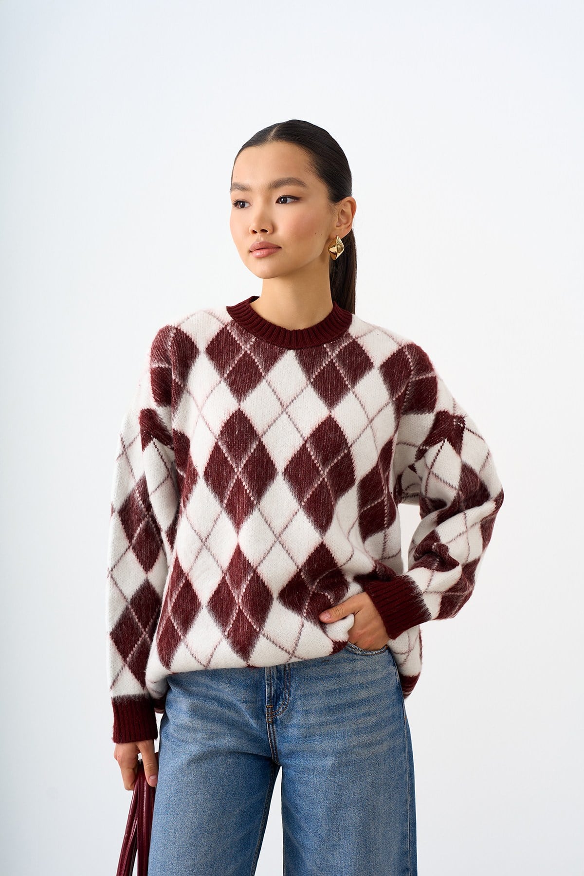 Baklava Desen Oversize Triko Tunik Bordo