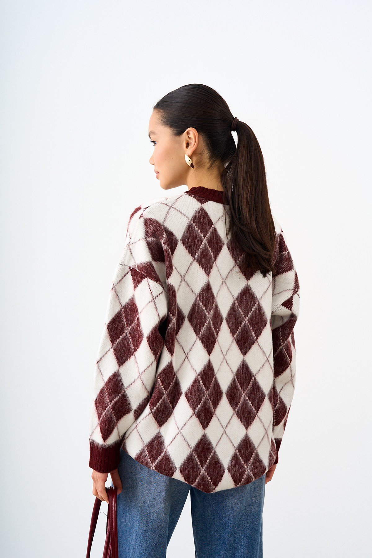 Baklava Desen Oversize Triko Tunik Bordo